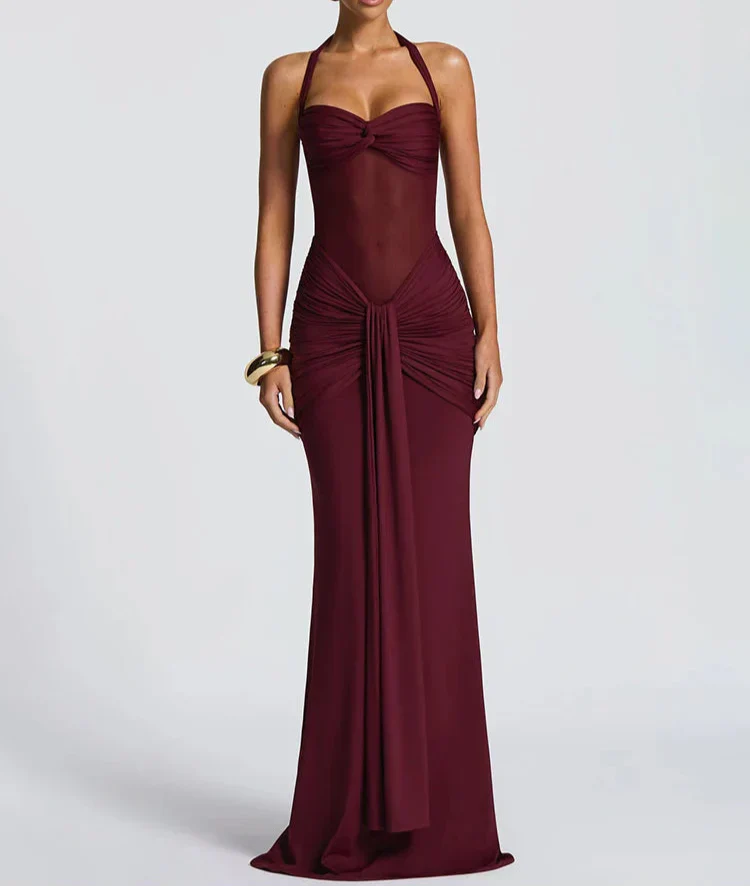 Robe longue moulante drapée à col halter robe de soirée sculptante