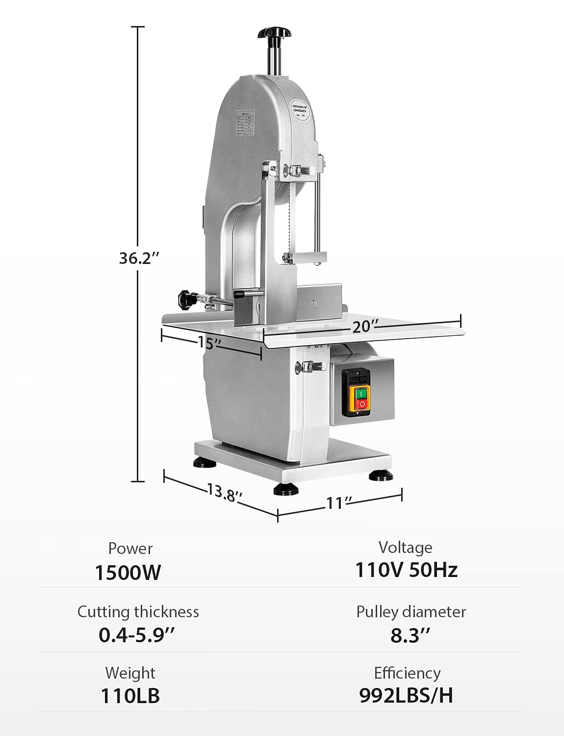 Electric Meat Band Saw Machine, 1800W Bandsaw for Bone Cutting, Stainless Steel 20'' x 15'' Commercial Meat Cutter, 0.8-5.9'' Cutting Thickness for Chicken Fish Beef, with 6 Saw Blades (1800w)