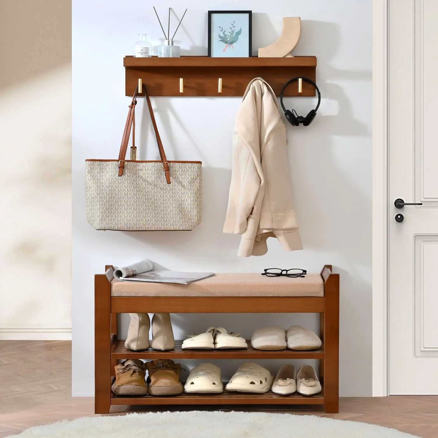 Shoe Rack for Front Door Entrance, 28 Entryway Bench with Coat Rack, Hall Tree Shoe Bench with Storage for Entry, Hallway, Bedroom, Living Room