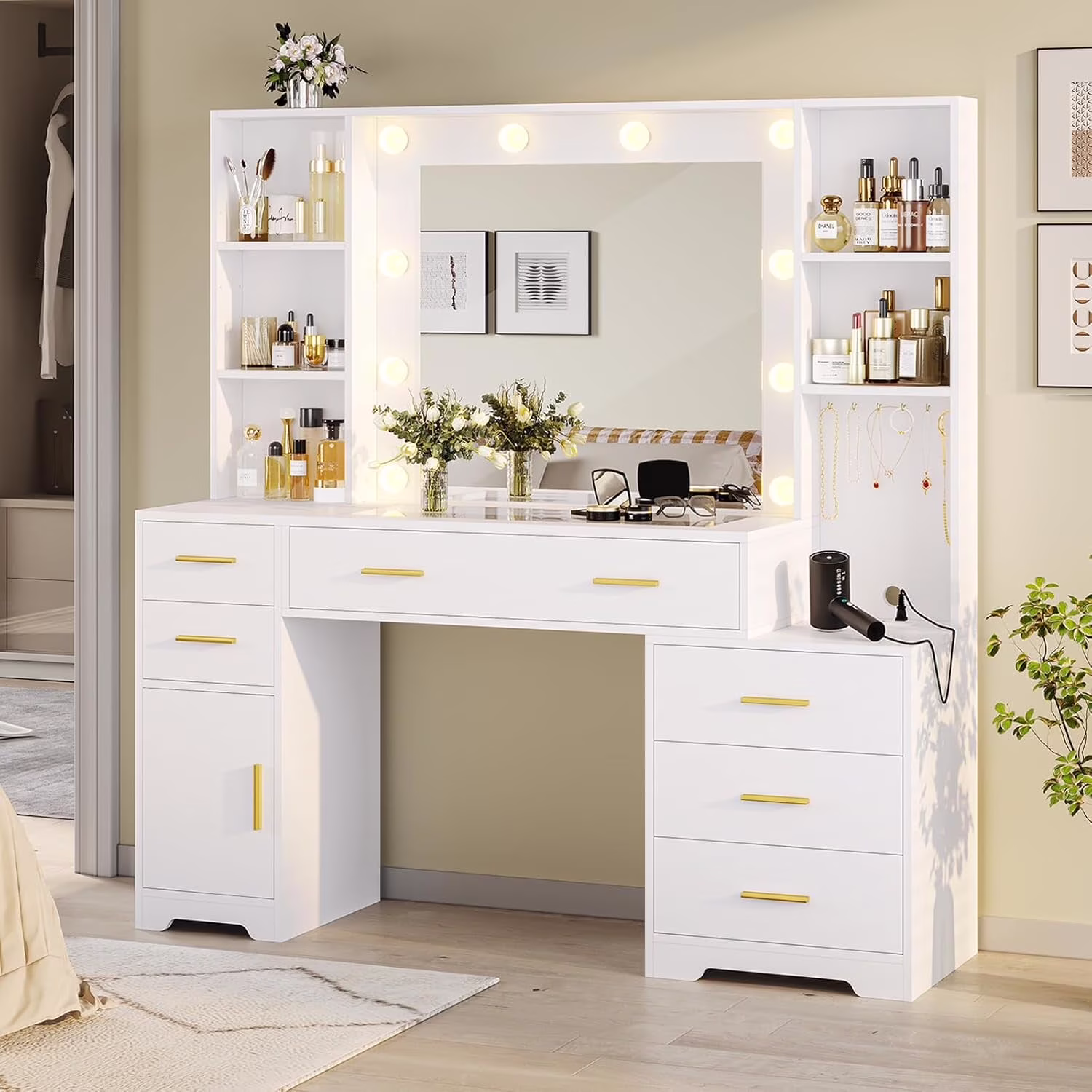 White Vanity Desk Makeup Vanity Table with Mirror and Lights and Charging Station, Large Dressing Table with Storage Cabinet6 Drawers4 Storage Shelves for Bedroom(White)