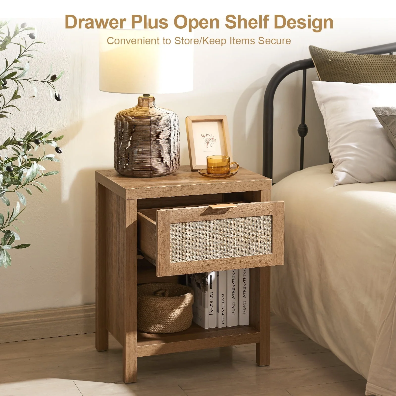 Surmoby Rattan Nightstand Set of 2, Farmhouse Bedside Tables with Drawer and Storage Shelf, Natural Boho End Table Side Table for Bedroom, Living Room