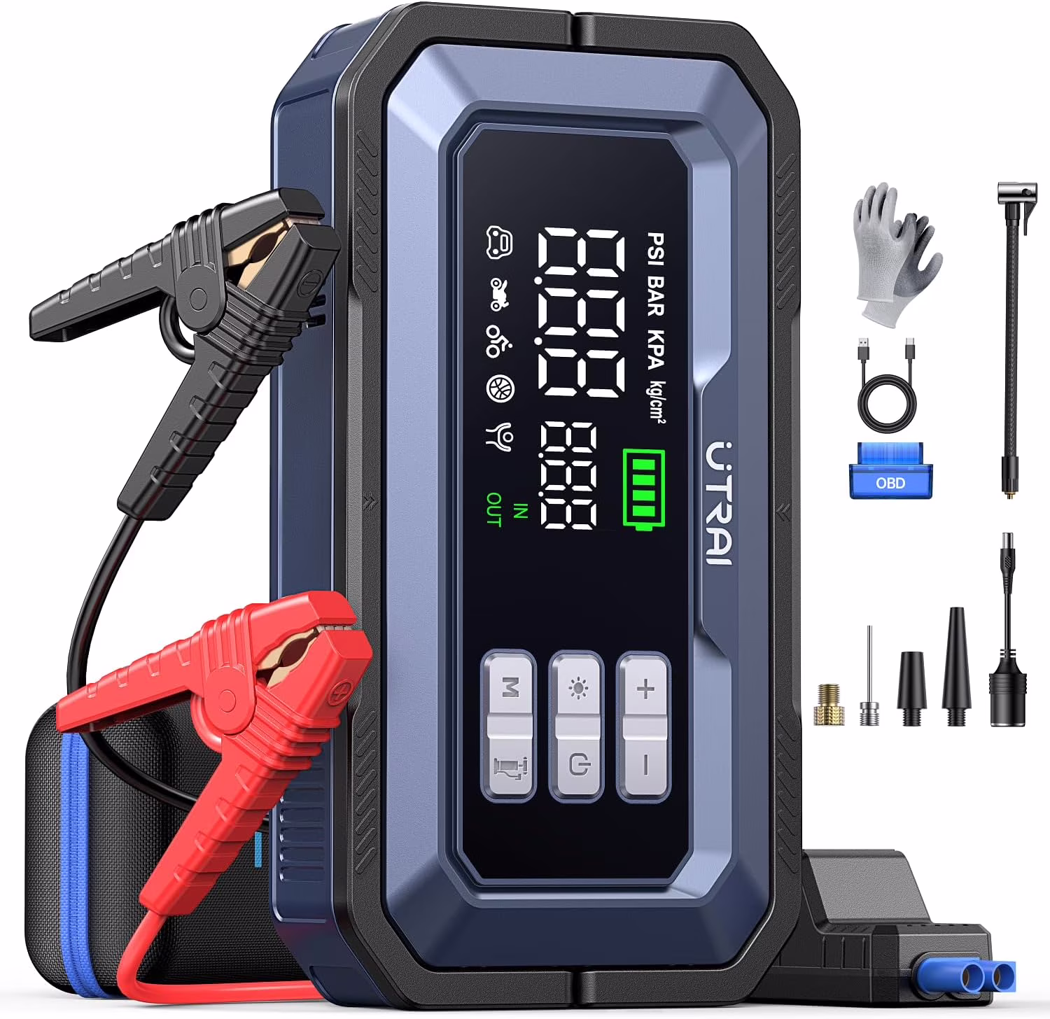 7000A Car Jump Starter with Smart OBD for All Gas and 12V Diesel, 150PSI Car Air Compressor, 18W Quick Charge, LED Spotlight