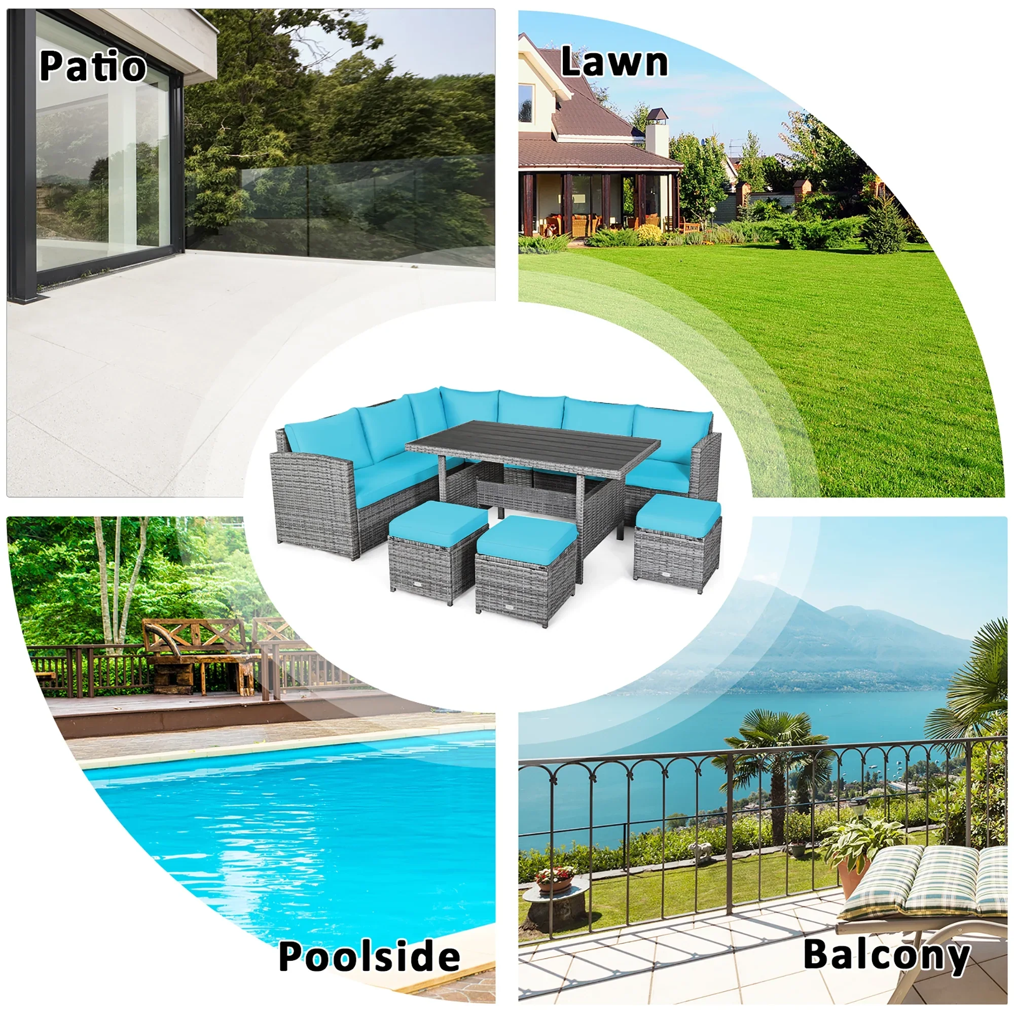 Costway 7 PCS Patio Rattan Dining Set Sectional Sofa Couch Ottoman Garden Red