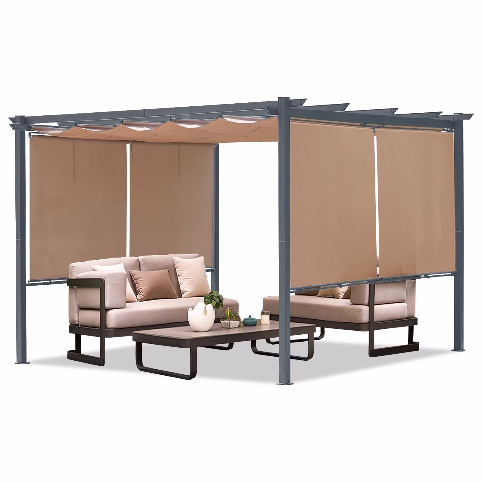 12 x 10 ft Outdoor Pergola with Retractable Shade Canopy, Dark Gray Matte Aluminum Frame, 4 Pieces Roller Shade Curtain, Grape Trellis Pergola for Patio Backyard -Dark Brown(Dark Brown)