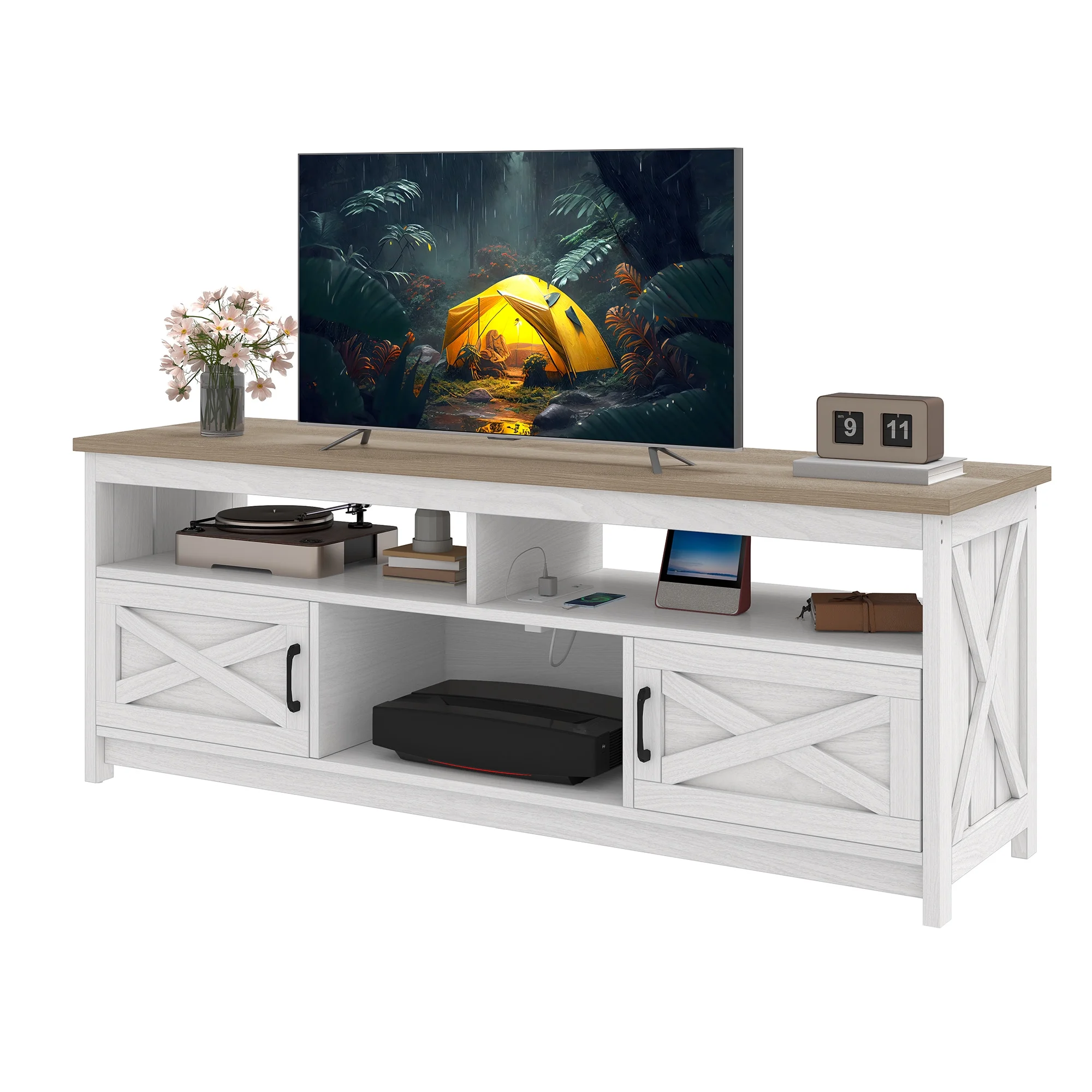 Uforic 65" Farmhouse TV Stand for 60/65 in TV with Power Outlet, Entertainment Center TV Console with Door, White & Brown