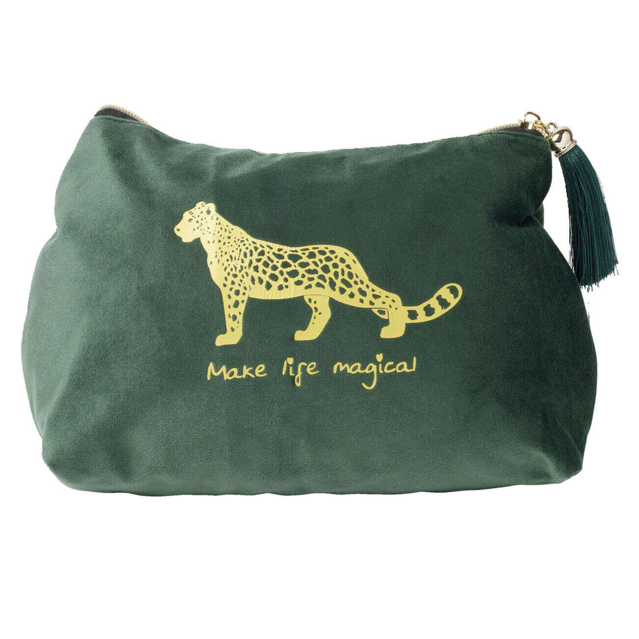 Trousse de toilette tissu doux vert émeraude motif léopard 27x10xH19,5cm