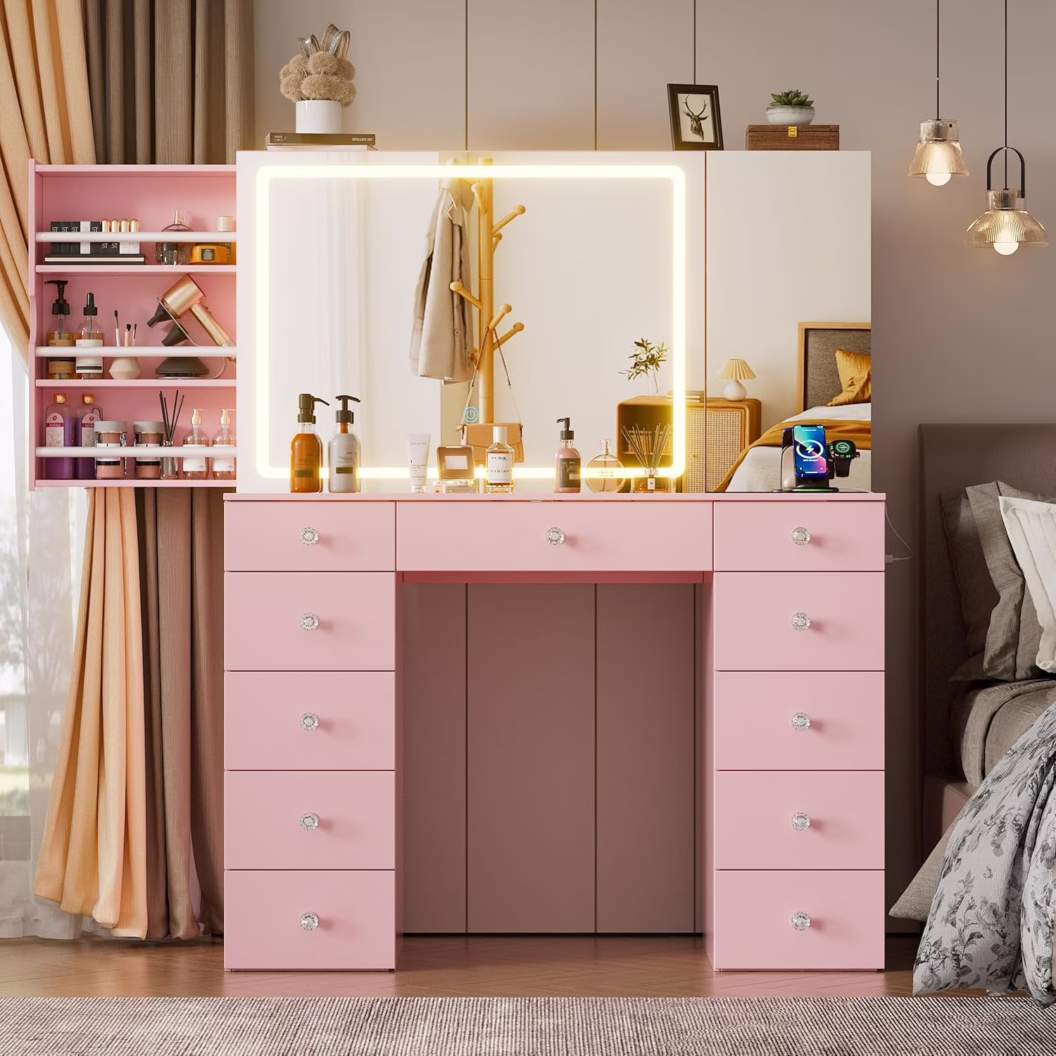 Vanity Set with Lighted Mirror, Large Vanity Desk with Charging Station, Makeup Vanity Table with 11 Drawers Hidden Sliding Storage Cabinet Visible Glass Tabletop for Bedroom (White)(Pink)