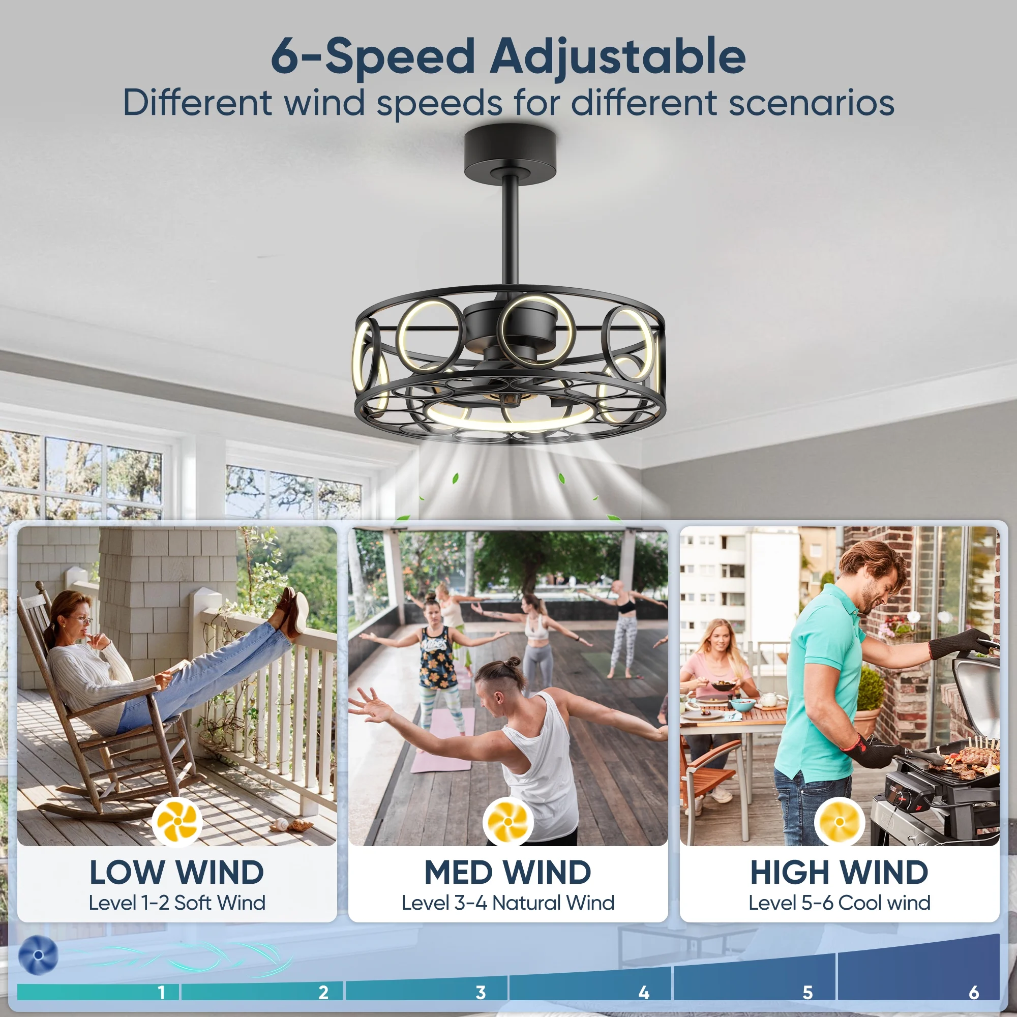 19.7" Caged Ceiling Fan with Light Remote Control, Black Modern 3 Color Temperature Pendant Light for Home & Kitchen