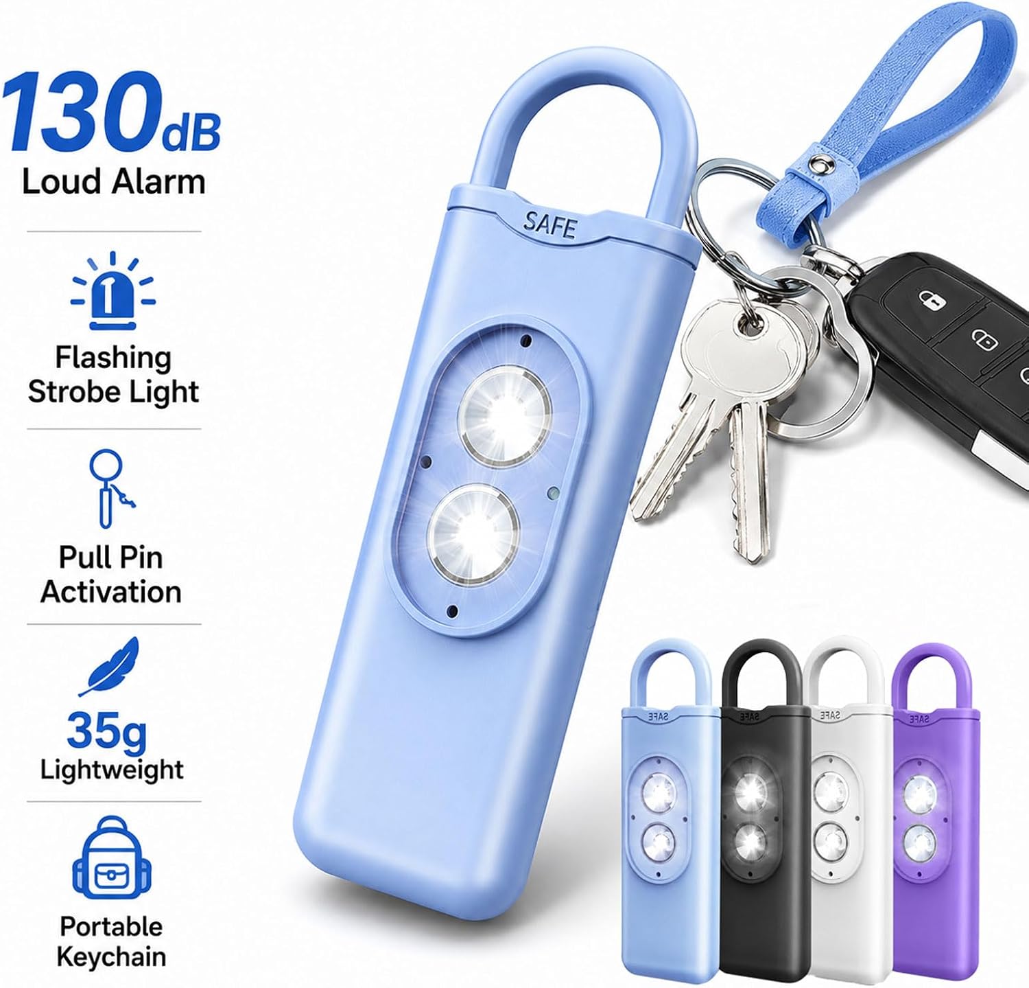 Personal Safety Alarm for Women, 130dB Loud Emergency Siren with LED Strobe Light, Self Defense Keychain Alarm with Carabiner, Portable Security Alarm for Travel, Walking,and Campus Safety (Black)