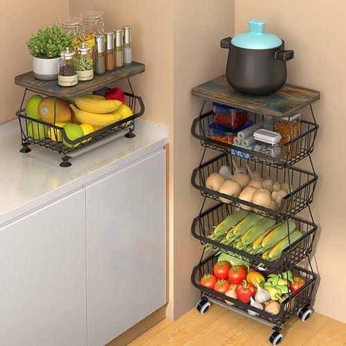 Fruit Vegetable Storage Basket,5 Tier Stackable Metal Wire Basket With Wheels, Fruit And Vegetable Produce Storage Basket Organizer Bins For