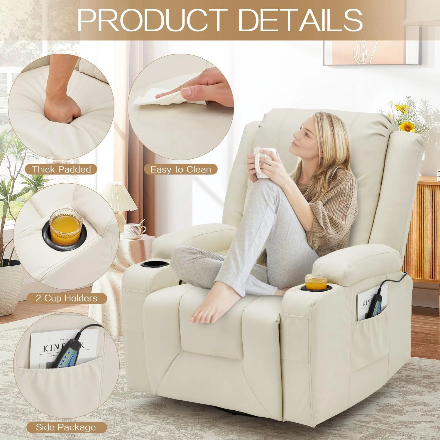 AECOJOY Massage Recliner Manual Chair with Heating & 360° Swivel Rocking Function, Cream White