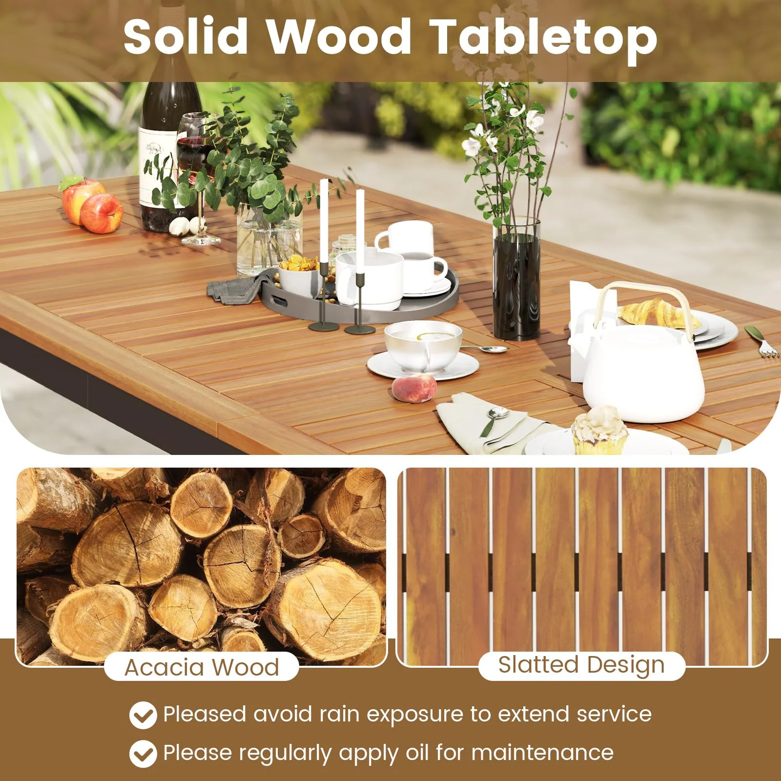 Tangkula Patio Rectangular Table with Umbrella Hole and 8 Solid Acacia Armchairs