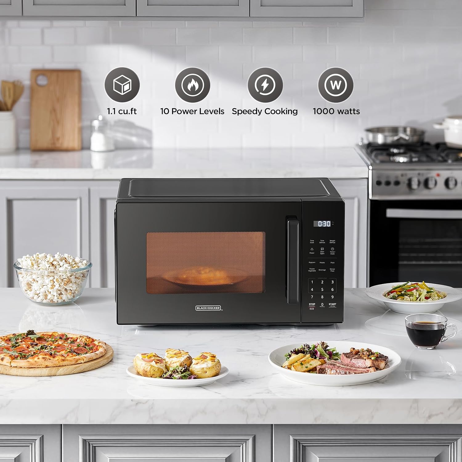 BLACK+DECKER Countertop Microwave Oven, 1.1 Cu.Ft, 1000W, Child Safety, Black
