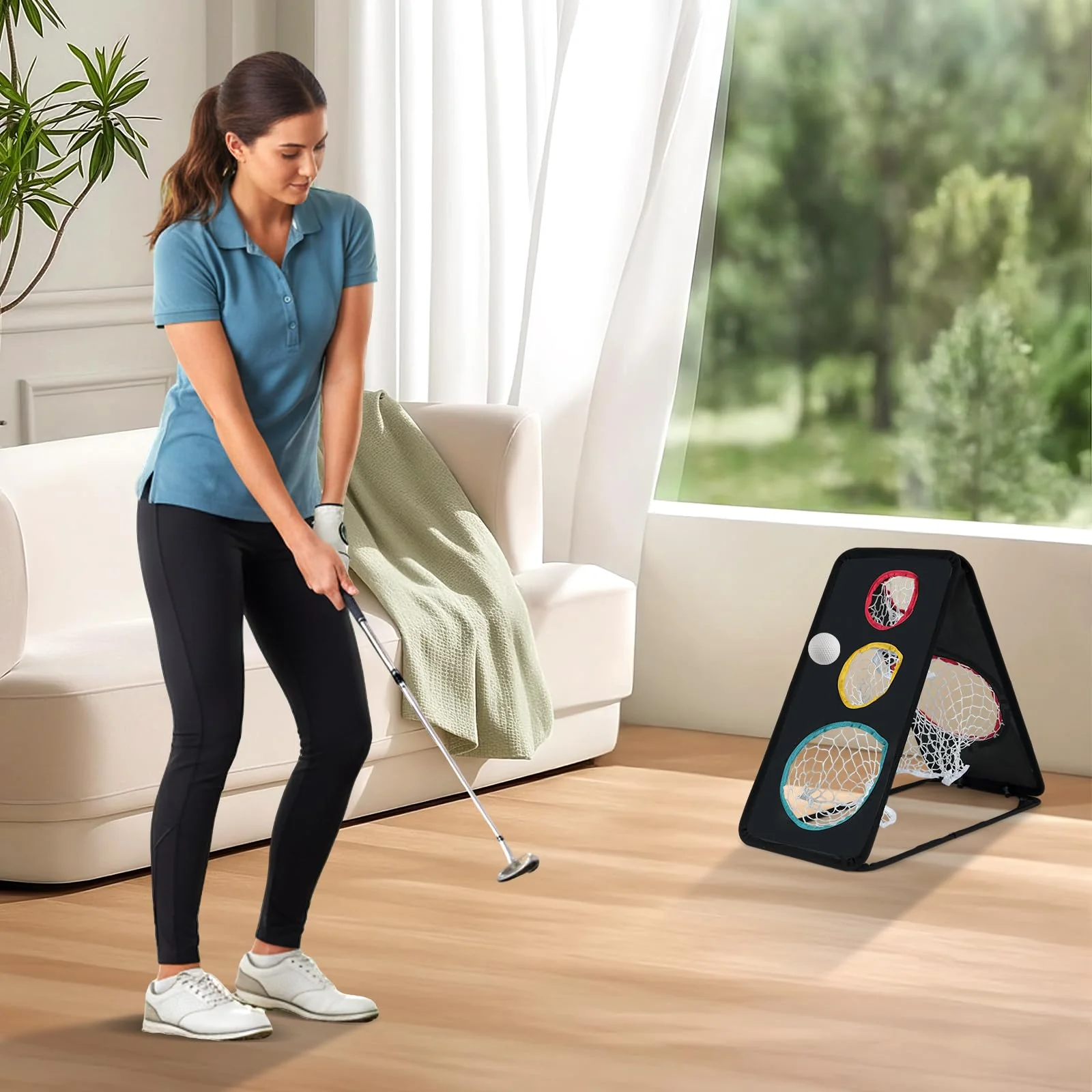Tangkula Dual-Sided Golf Chipping Net Triple Target Training System with 5 Holes