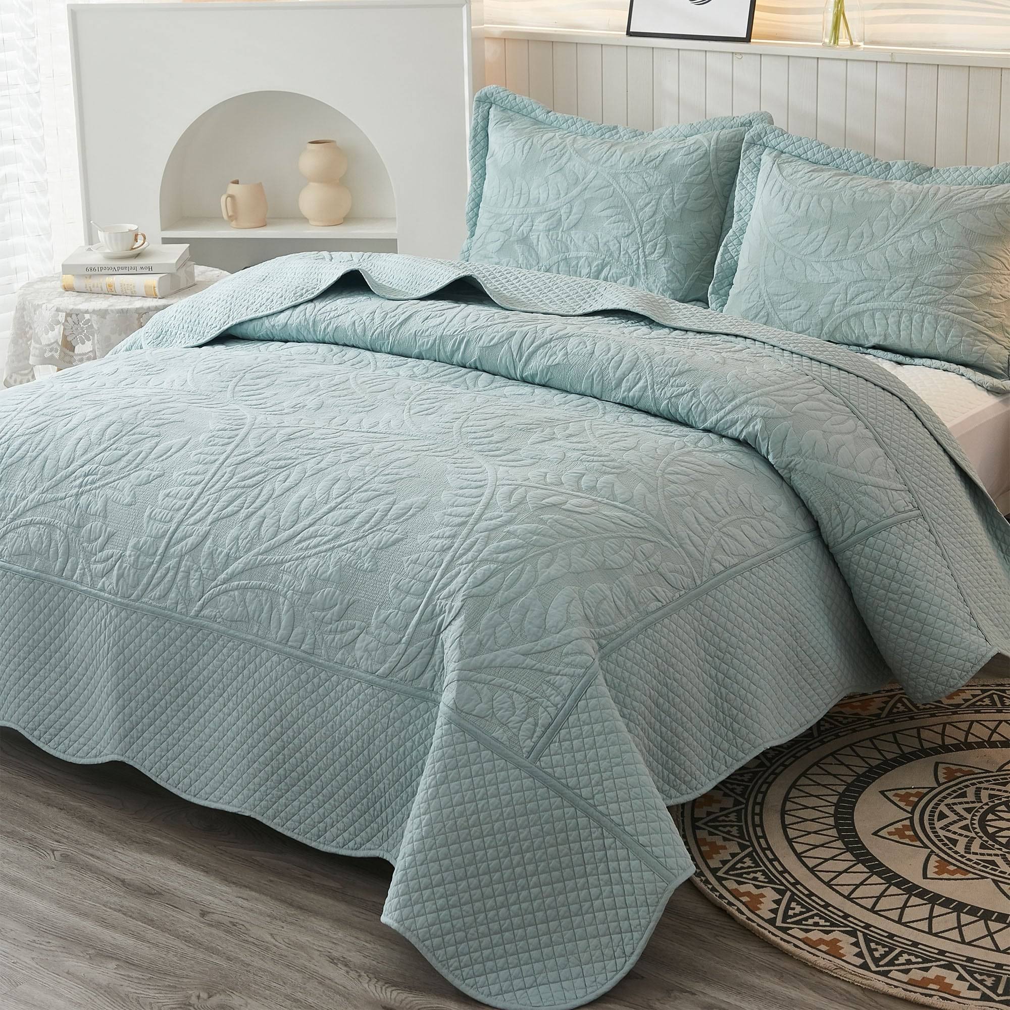 MarCielo 3-Piece 100% Cotton Oversized Bedspread Set Coverlet Set Lightweight Quilt Set Embroidery Farmhouse Bedding Set T031, Size: King, Blue