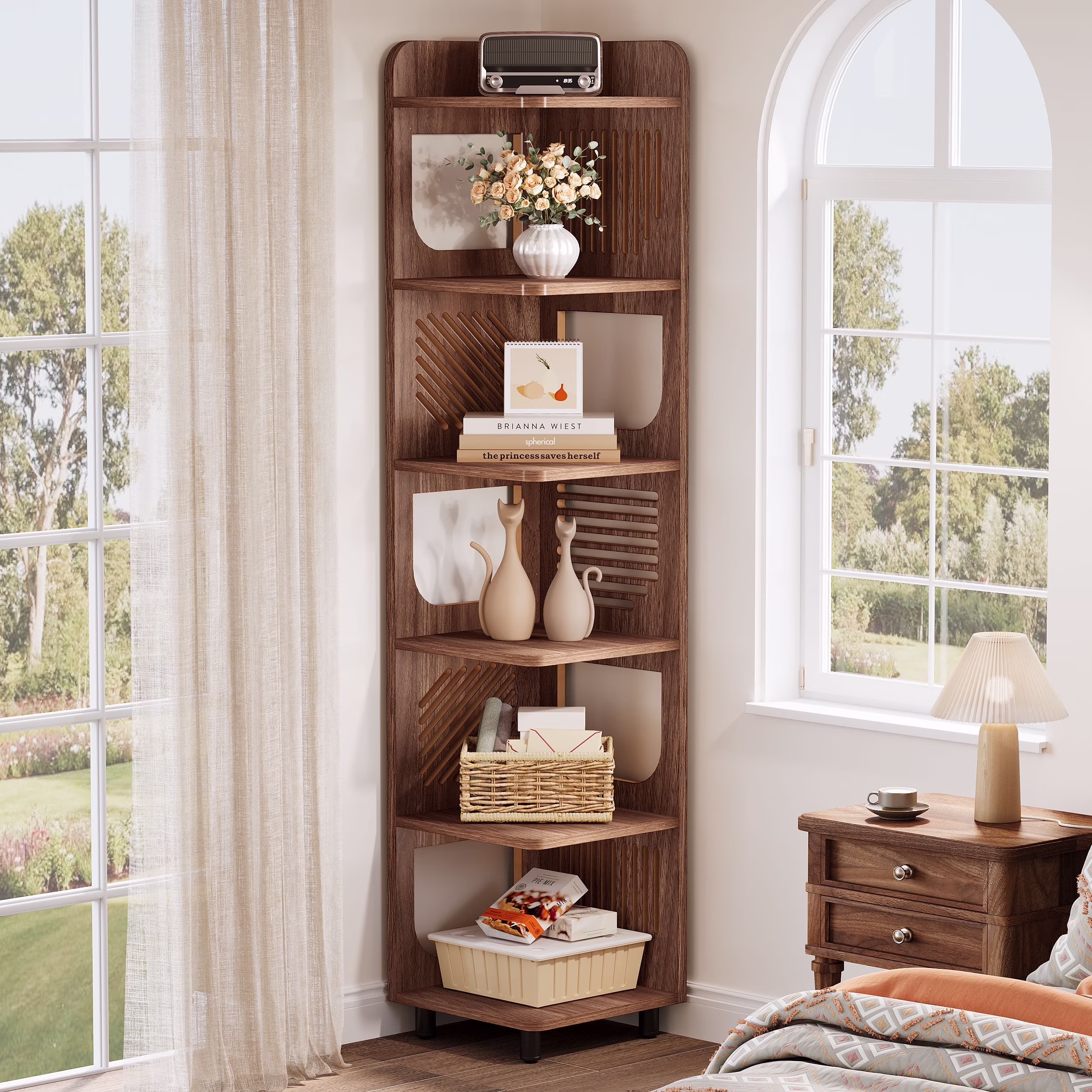 71" 6-Tier Tall Corner Bookshelf, Rustic Wooden Narrow Corner Bookcase with Artistic Square Rack, Freestanding Display Storage Shelf for Space-Saving Home Organizing(Walnut)