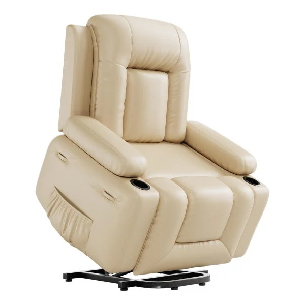 Fauteuil inclinable électrique en similicuir avec fonction massage et chauffage, dossier et jambes réglables (3 positions), port USB, poche latérale (beige, largeur d'assise 27 pouces + porte-gobelets)