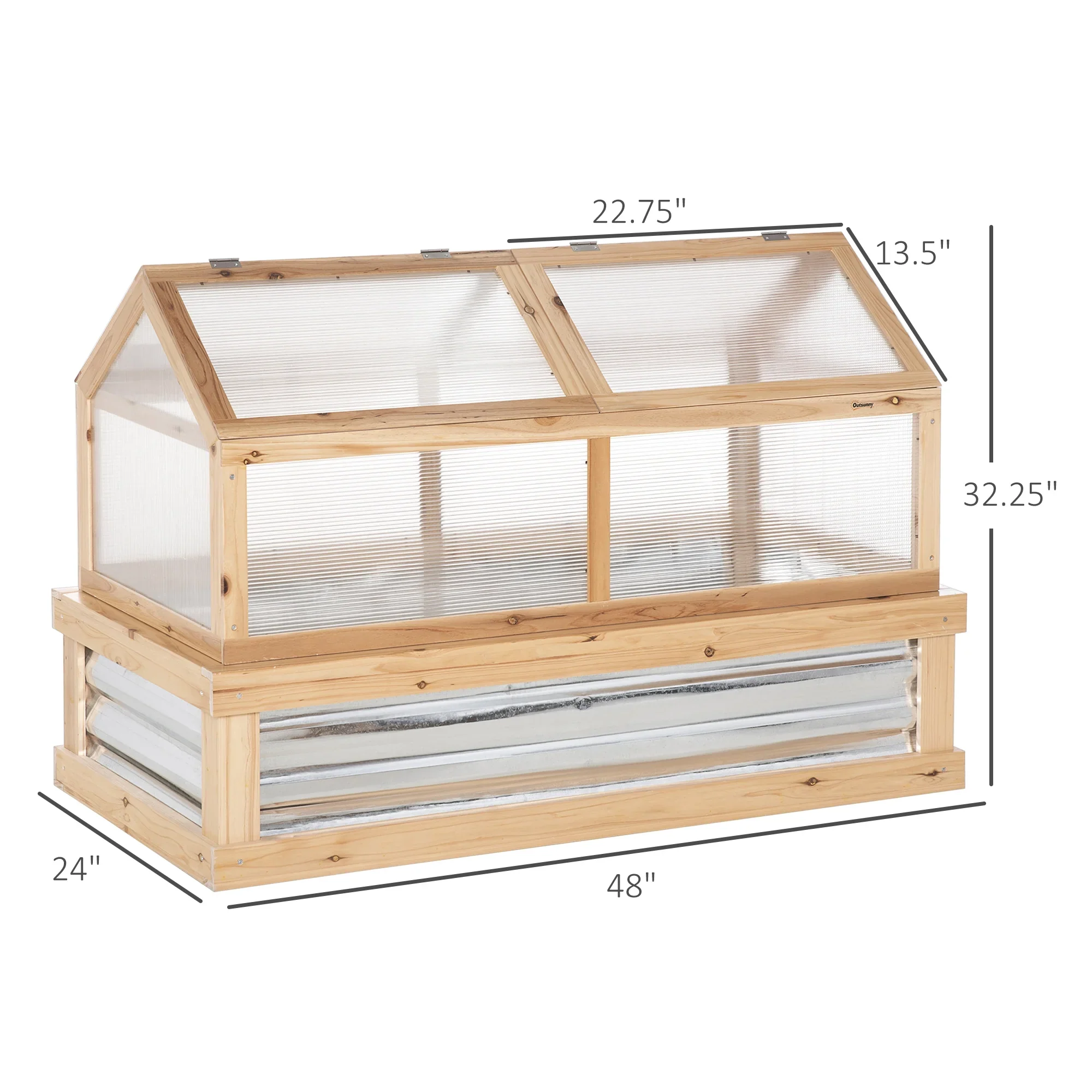Outsunny Raised Garden Bed with Polycarbonate Greenhouse, Wooden Garden Cold Frame Greenhouse, Flower Planter Protection, 48 x 24 x 32, Natural