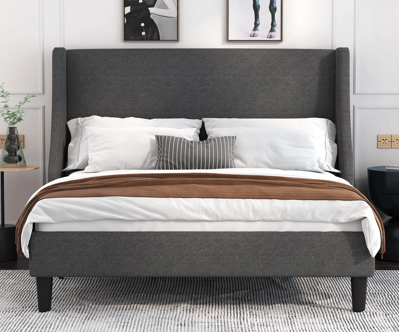 King Size Fabric Upholstered Platform Bed Frame with Wingback Headboard, Dark Grey(Full/Burnt Orange) - Image 2