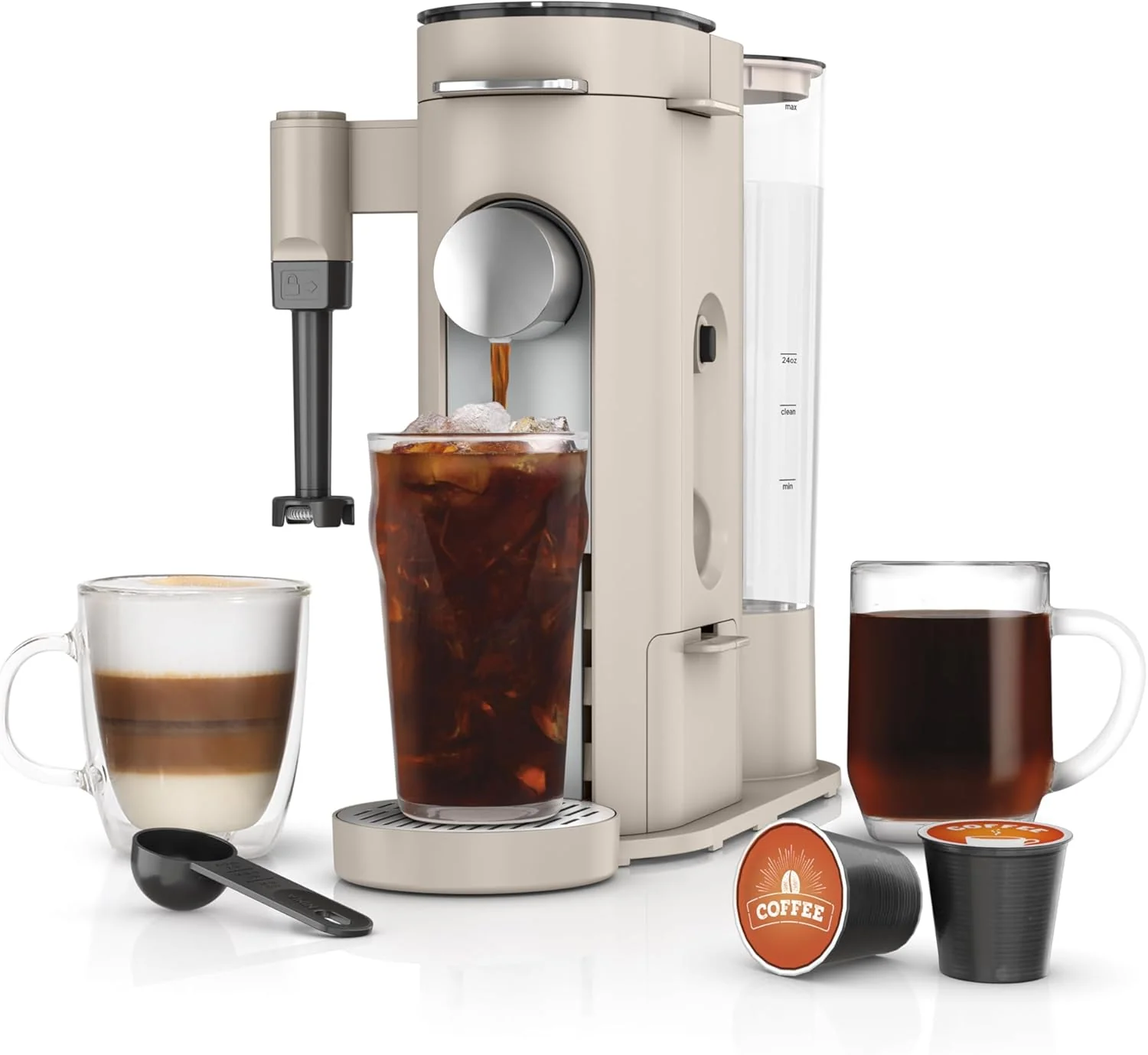 Cafetière à portion individuelle, compatible avec les dosettes K-Cup, infuse le café moulu, mousseur à lait intégré, réservoir de 2 litres, tasses de 700 ml