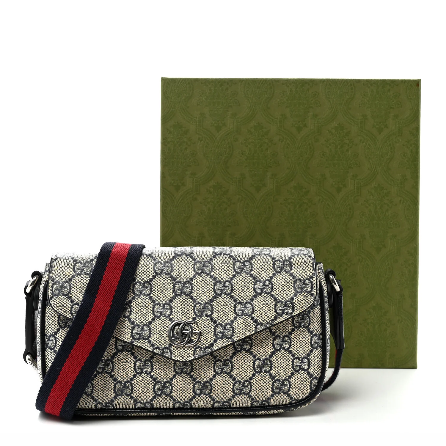 GG Supreme Monogram Textured Dollar Calfskin Web Mini Ophidia Envelope Shoulder Bag Beige Blue
