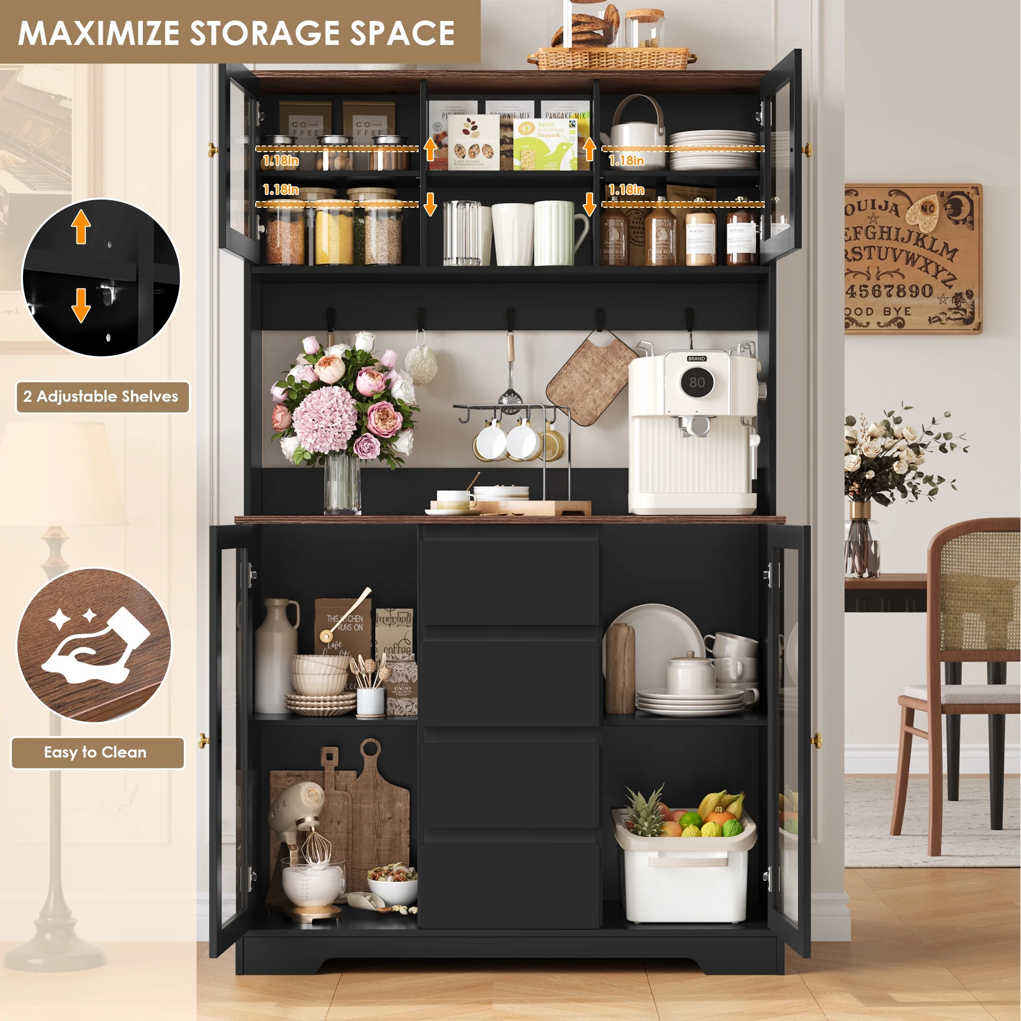 71'' Pantry Hutch with Cabinet Drawers for Kitchen, Glass Doors Storage Cabinet with Adjustable Shelves for Dining Room, Black(Black) Image 7