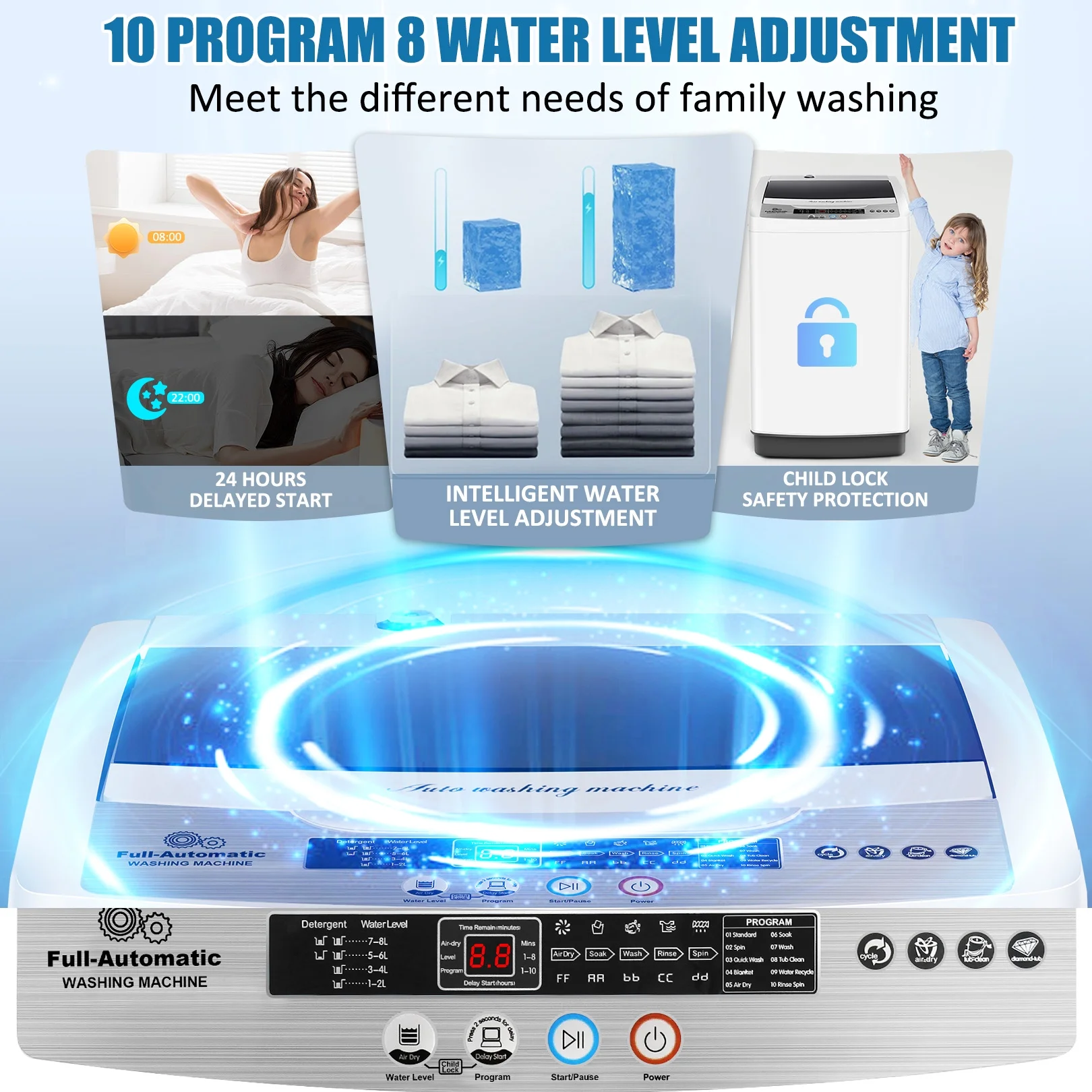 Portable Washing Machine, 17 8lbs Large Fully Automatic Laundry Washer, 10 Washing Programs 8 Water Levels Selections Machine Ideal for Apartments Dorms Families Image 3