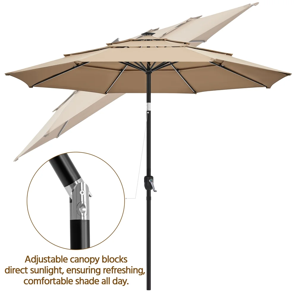 10 Ft Outdoor Patio Parasol with Color-Changing LED Strip, Tan(Beige) - Image 9