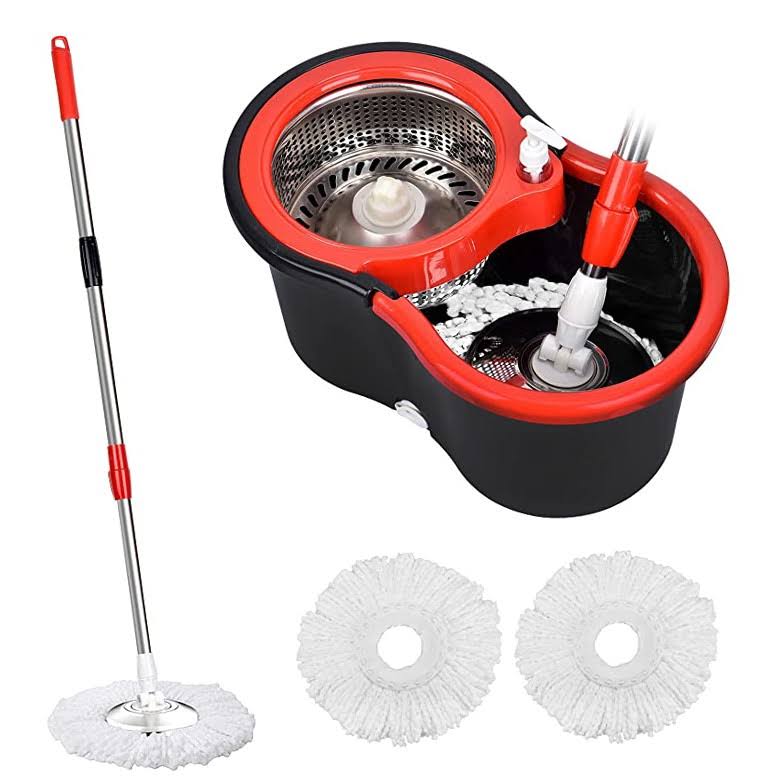 Spin Mop Bucket, 360 Spin Mop and Bucket System with 3 Mop Heads, Stainless Steel Spin Bucket Mop for Floor Cleaning