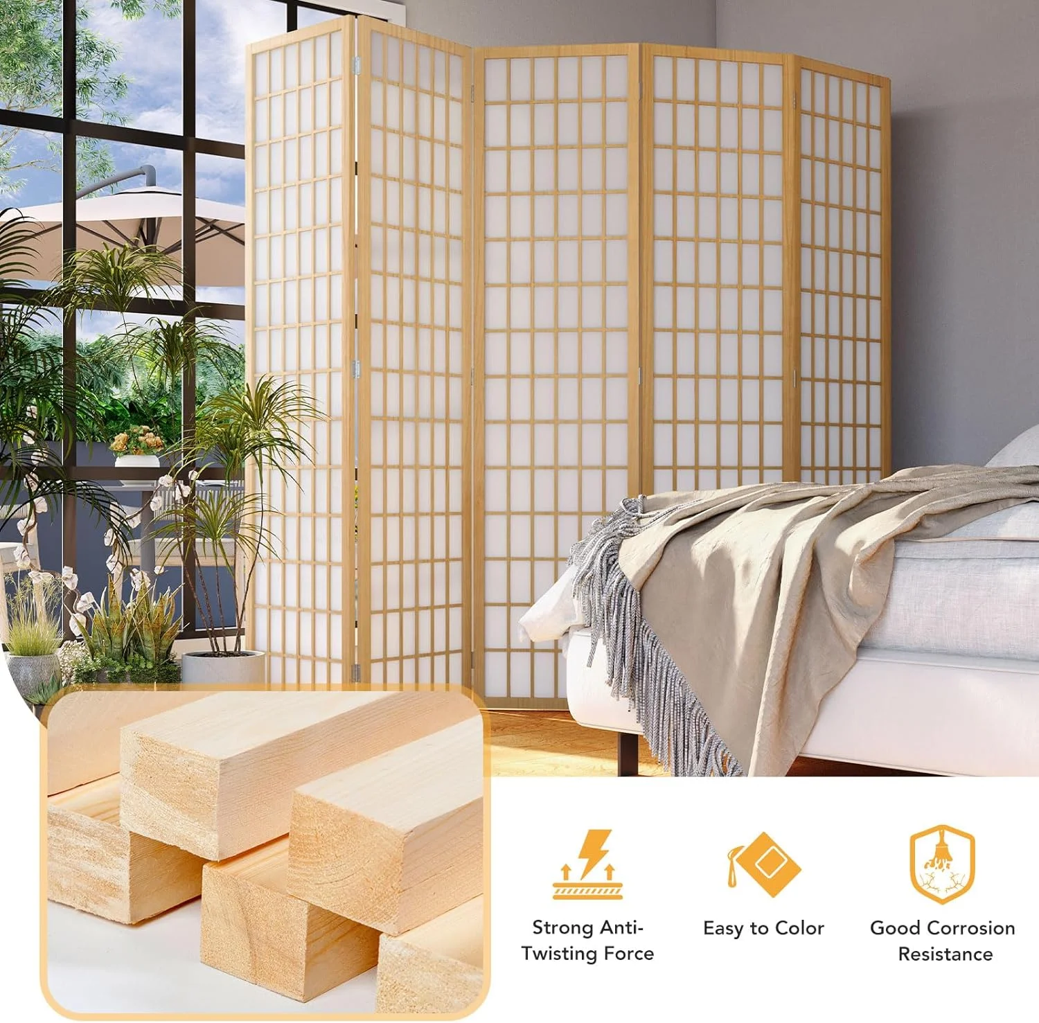 Room Divider Wall Shoji Screen, 6 Panel Folding Privacy Screen for Room Separation, Japanese Wood Room Divider Screen, 5.9 Ft, Natural(6 Panels/Nature) - Image 5