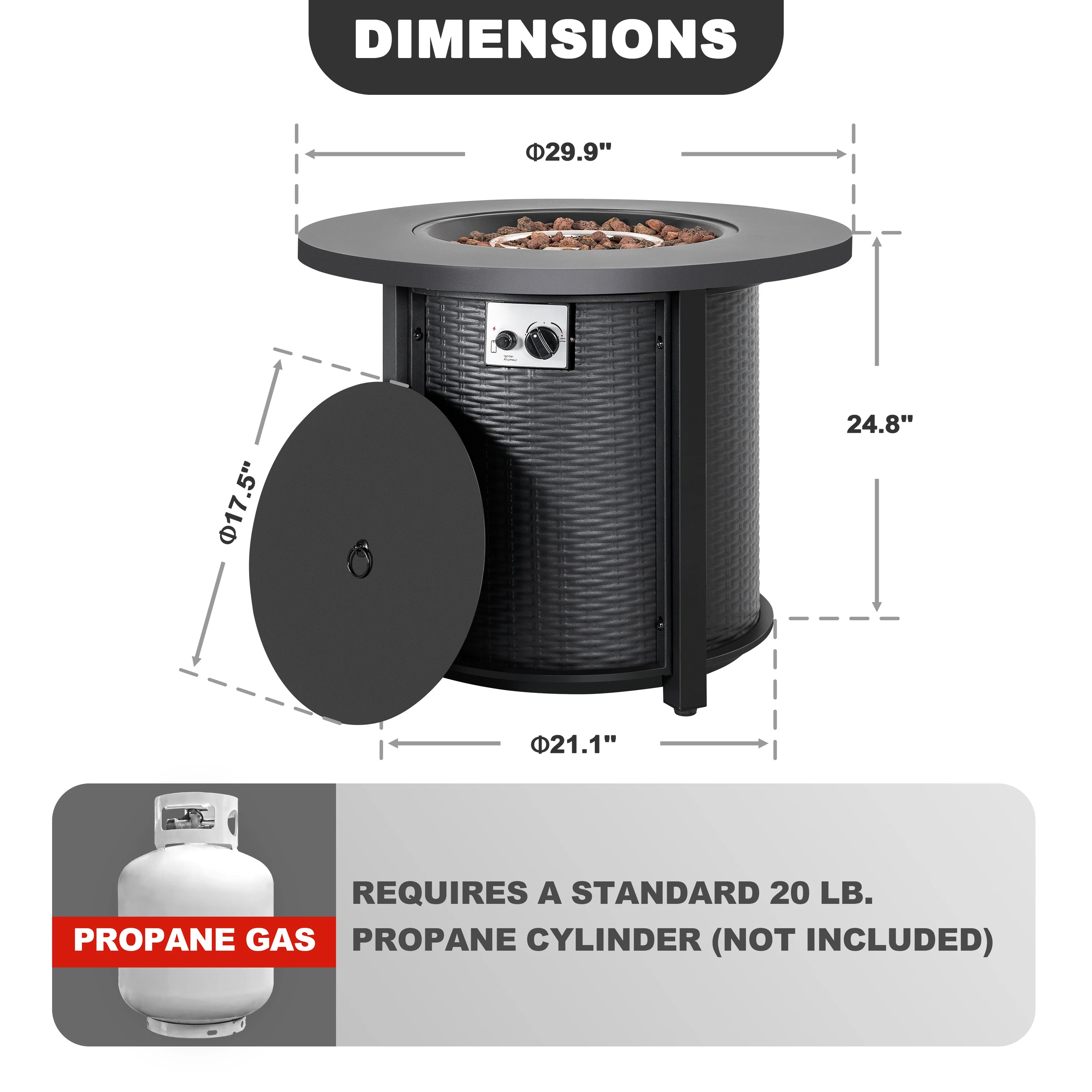 Outdoor Metal 30'' Round Propane Fire Pit Table with Rattan Embossed Pattern, CSA-Certified 2 in 1 Round Gas Fire Pit Table with Lid Lava Rocks, Patio Round Gas Fire Pit, Black - Image 6