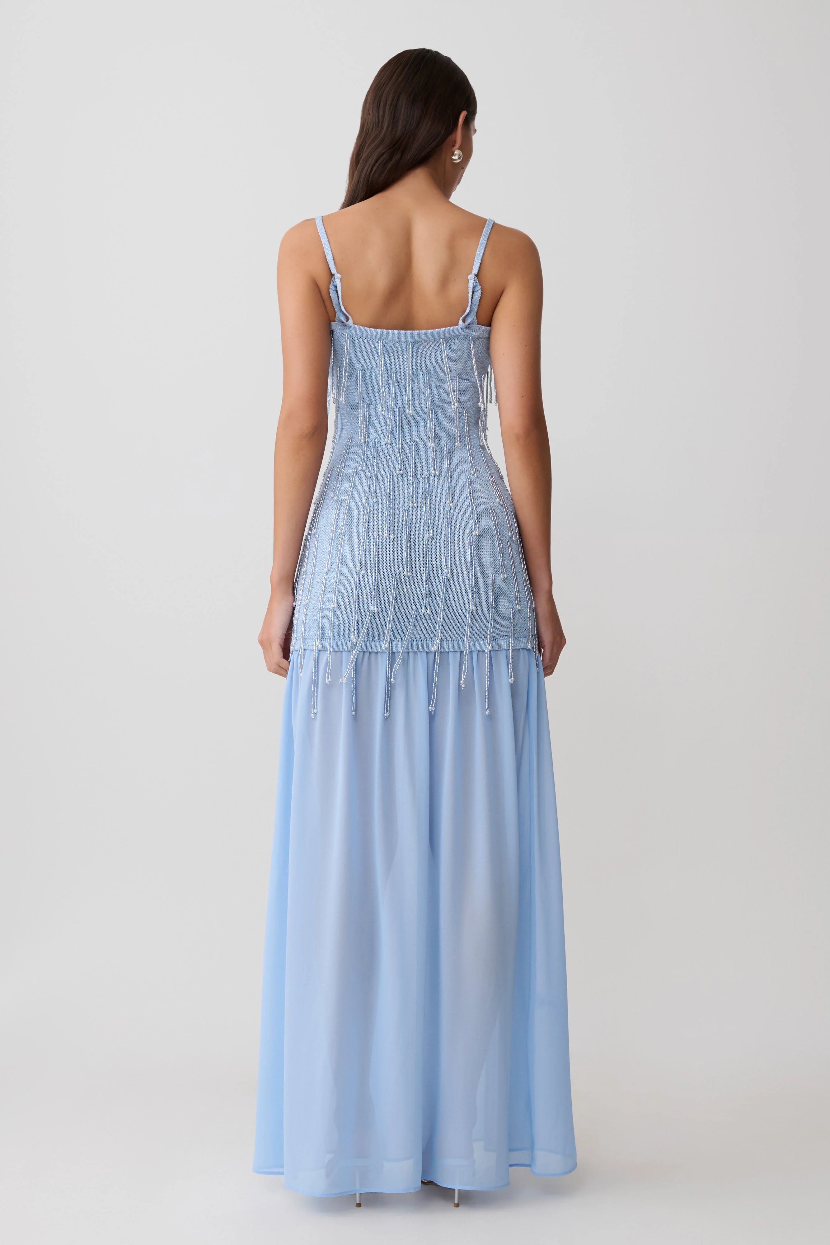 Belinda Beaded Knit & Chiffon Maxi Dress - Light Blue