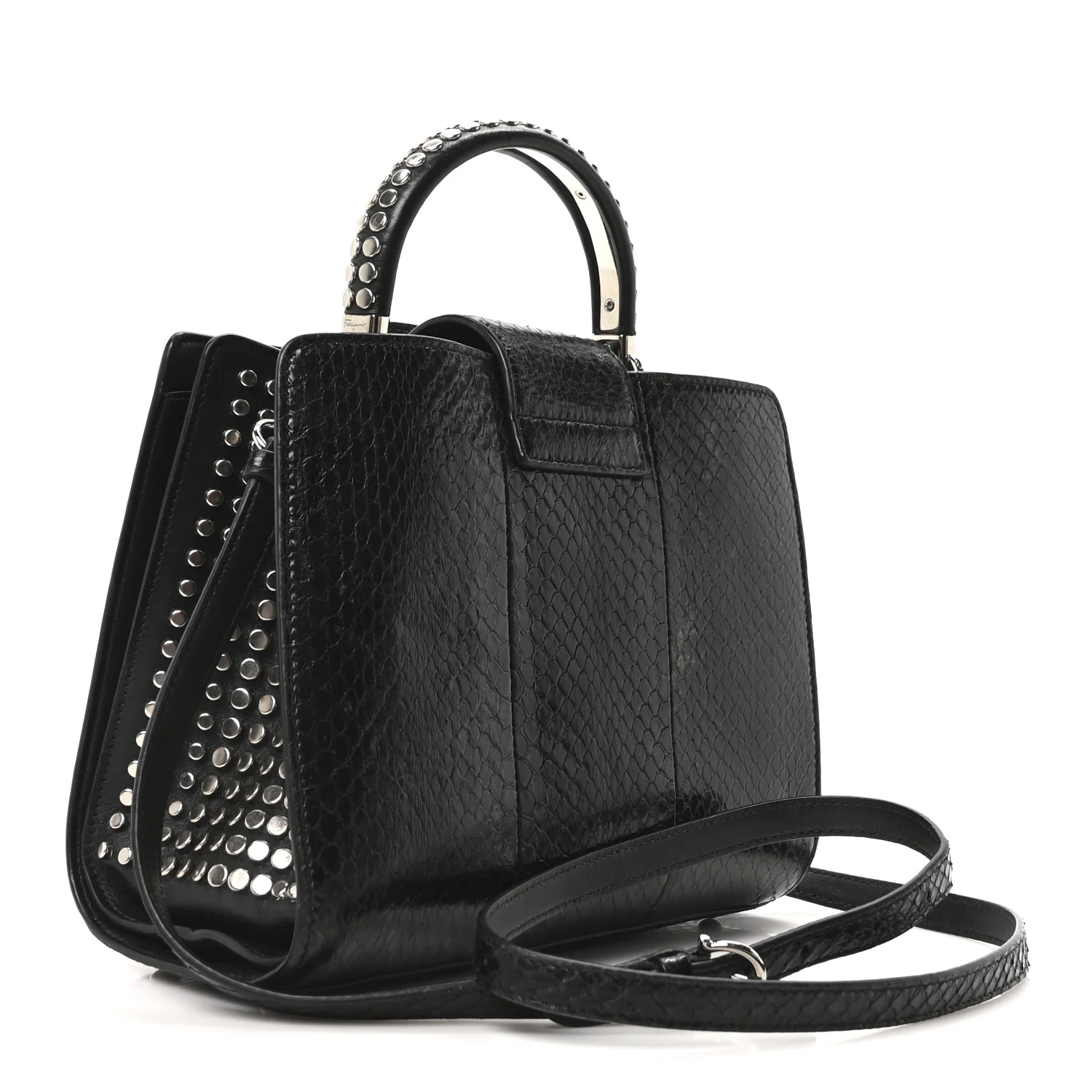 Snakeskin Studded Thalia Top Handle Black