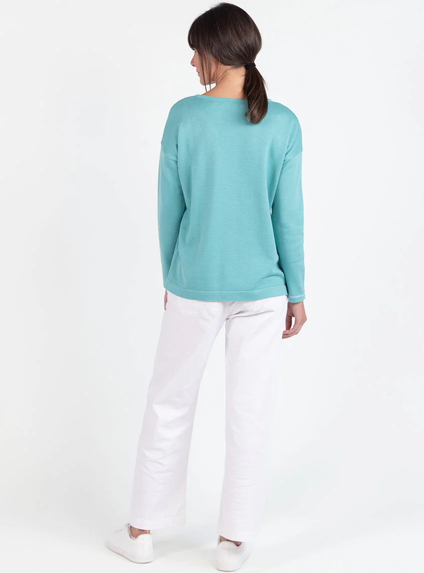 Pull femme col V en coton vert