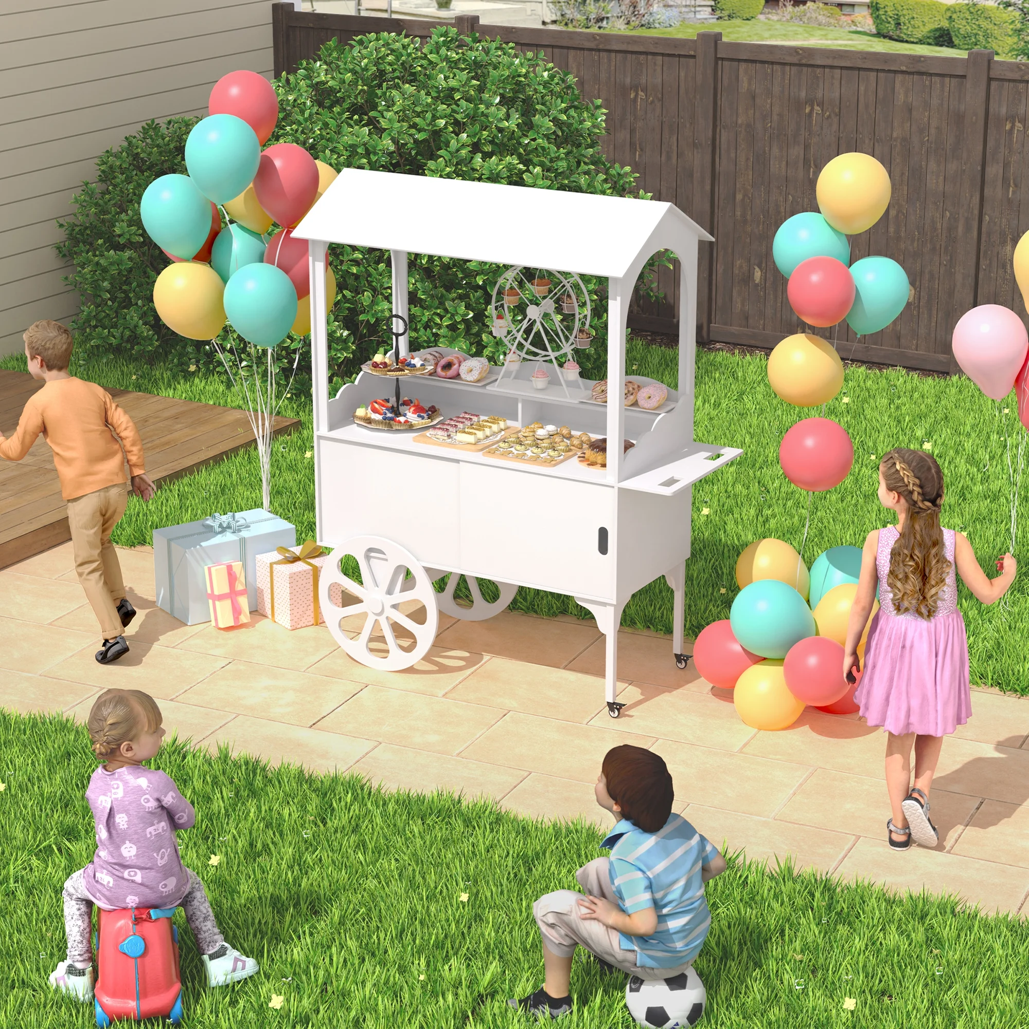 Candy Cart with Wheels for Party,Wood Dessert Cart with Storage Cabinet - Image 2