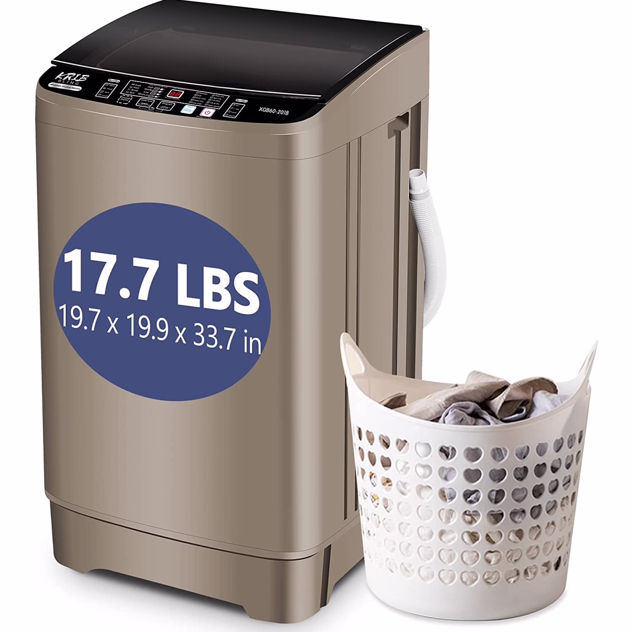 Full-Automatic Washing Machine, Portable Laundry Washer, Compact 17.7 lbs, LED Display, Drain Pump, 10 Wash Programs 8 Water Levels(GOLD)