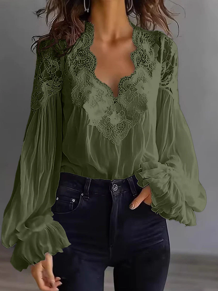 Blouse Femme en Dentelle à Manches Bouffantes Patchwork