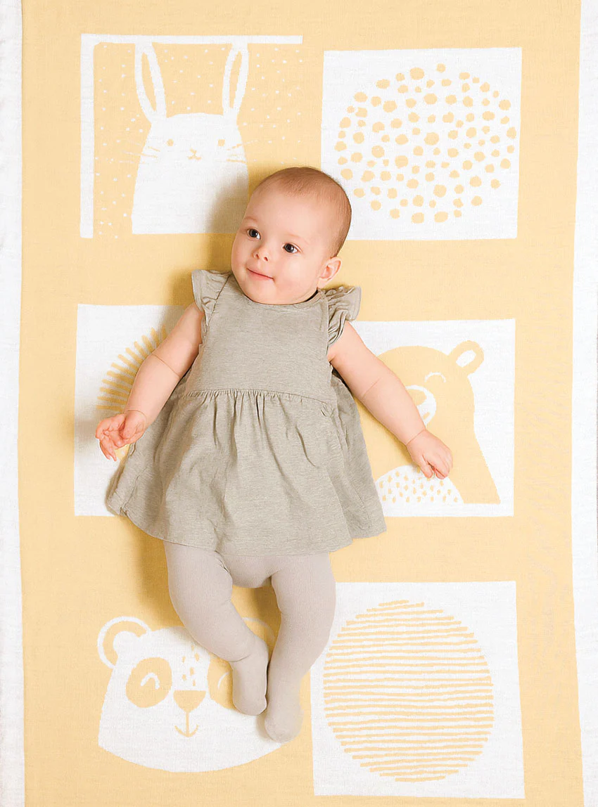 Plaid bébé laine mérinos motif animaux jaune léger