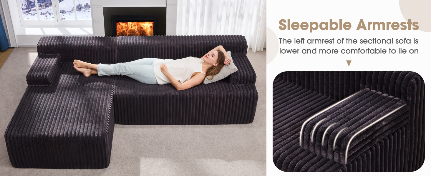 The left armrest of the sectional sofa is lower and more comfortable to lie on.