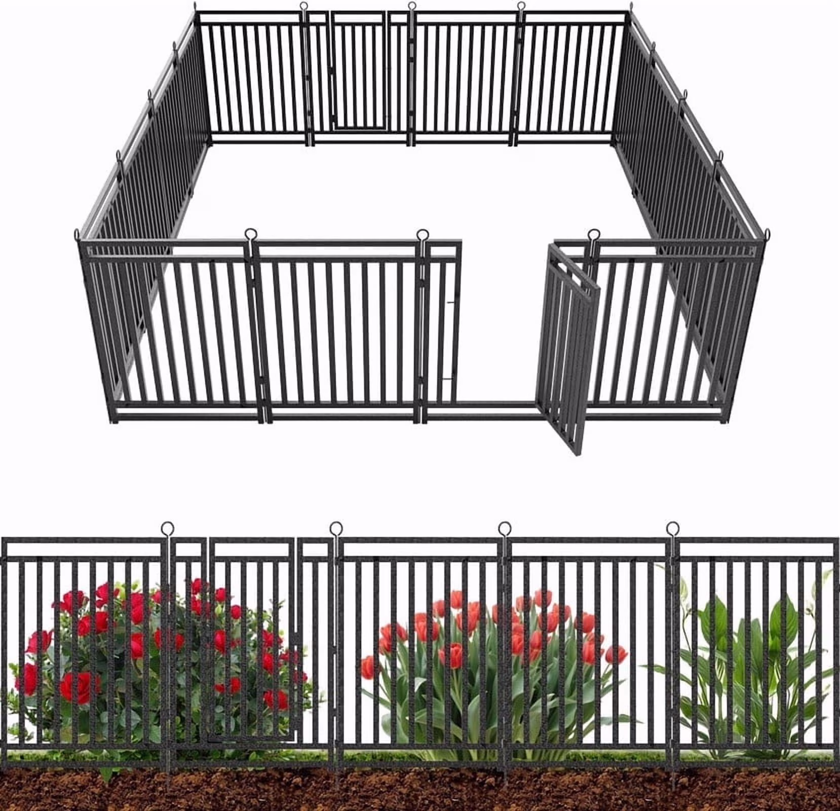 Petorldog Decorative Garden Fence Metal Dog Fence Outdoor for Yard, 36ft (L) x 40in (H), 14 Panels + 2 Gates, No Dig Fence for Patio | Black - Silver