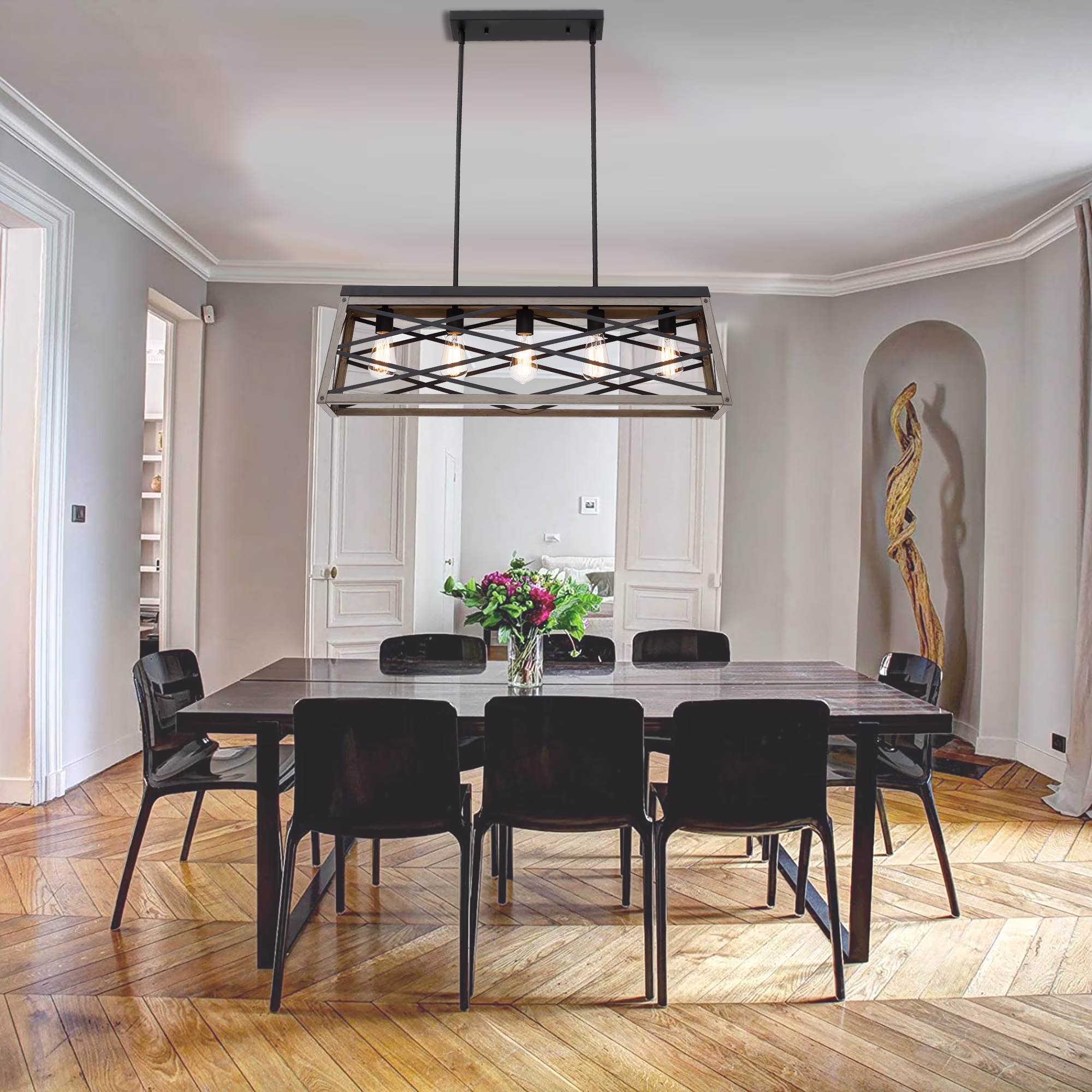5-Light Farmhouse Matte Black Chandelier Industrial Pendant Lighting for Kitchen Island for Dining Room, Living Room