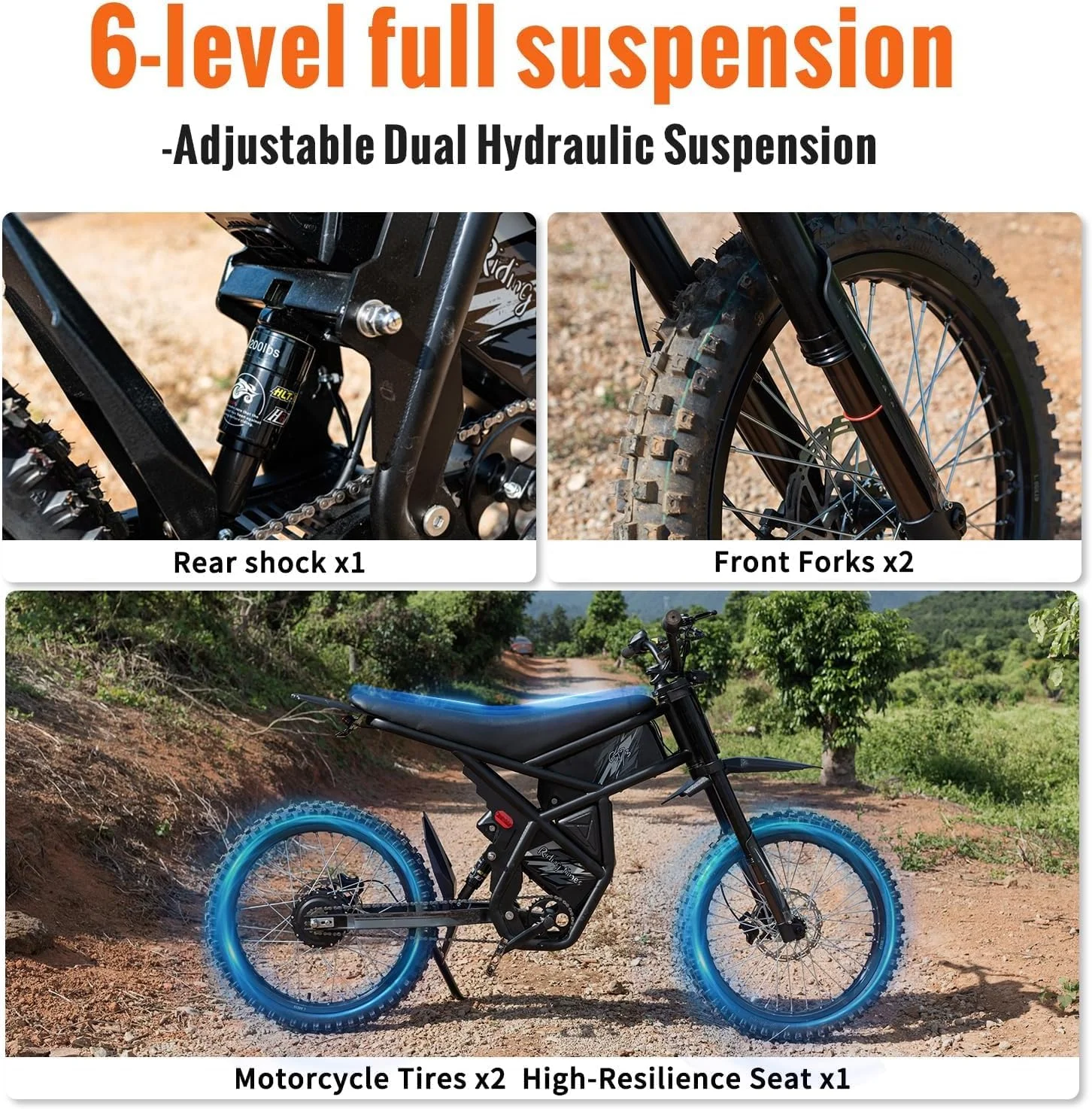 Ridingtimes GT73 Electric Dirt Bike for Adults 2400W 48V 37MPH 36.4AH Dual Battery 85 Miles Range 25