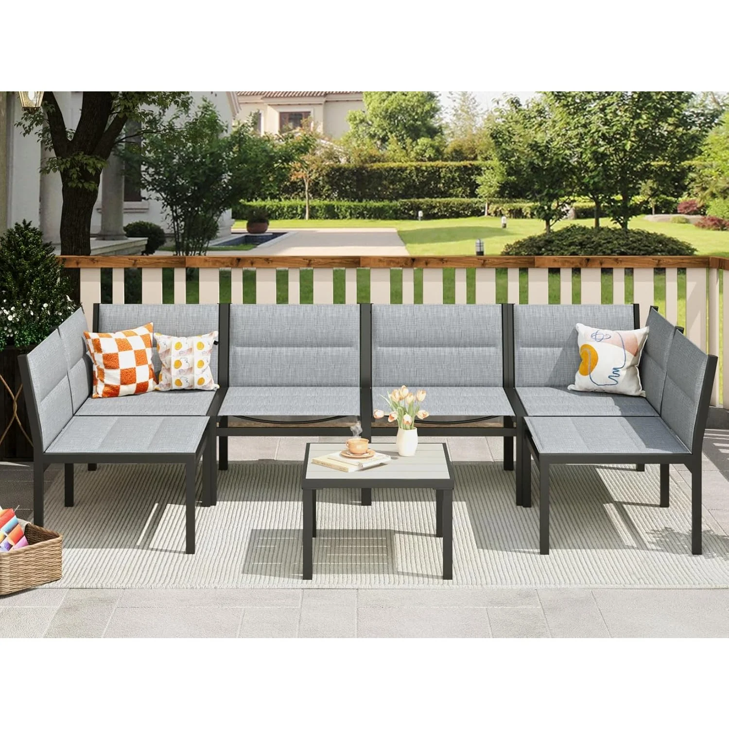 AECOJOY 7 Pieces Outdoor Sectional Furniture Textilene Fabric Outdoor Conversation Sets, Dark Grey
