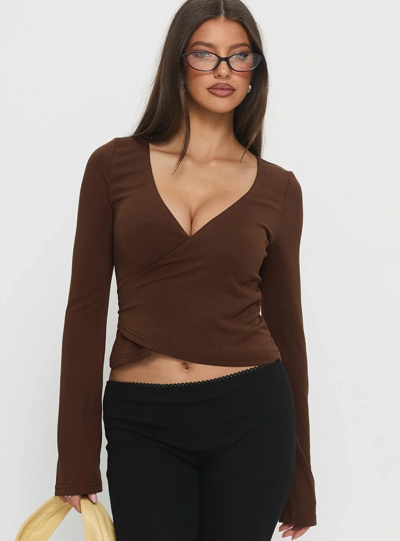 Stefanee Long Sleeve Wrap Top Brown