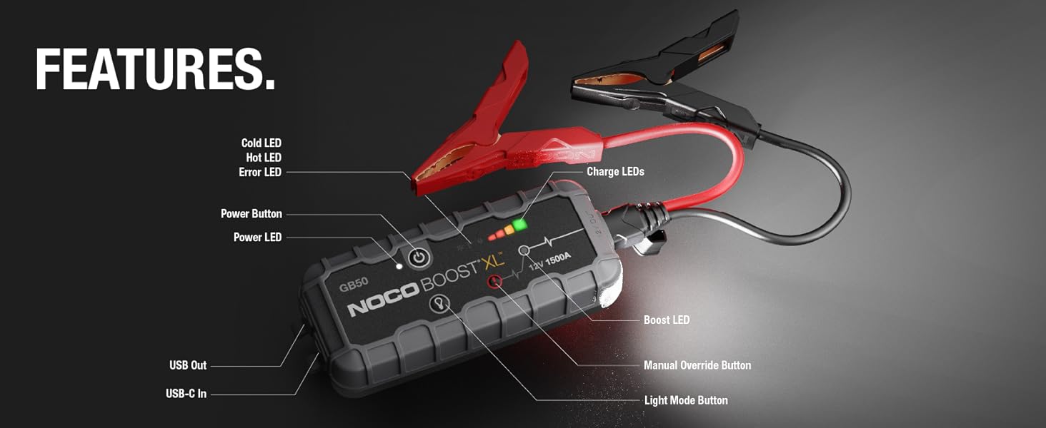 Fonctionnalités. Comprend des ports USB d'entrée et de sortie, une lampe torche LED et un bouton de commande manuelle.
