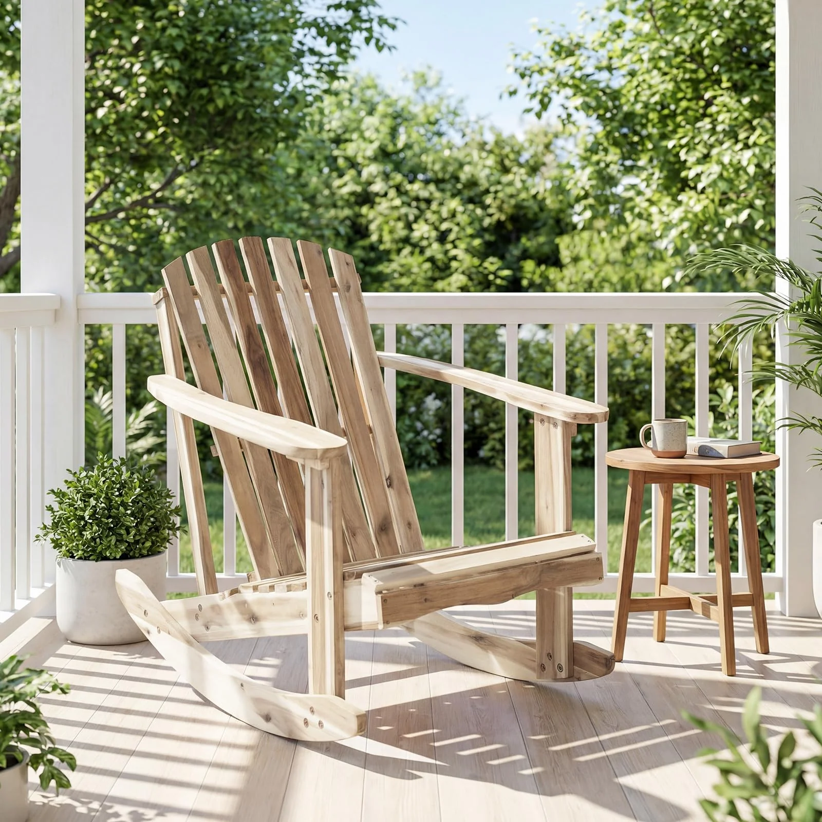 Tangkula Adirondack Rocking Chair with Slatted Seat and High Fanned Back