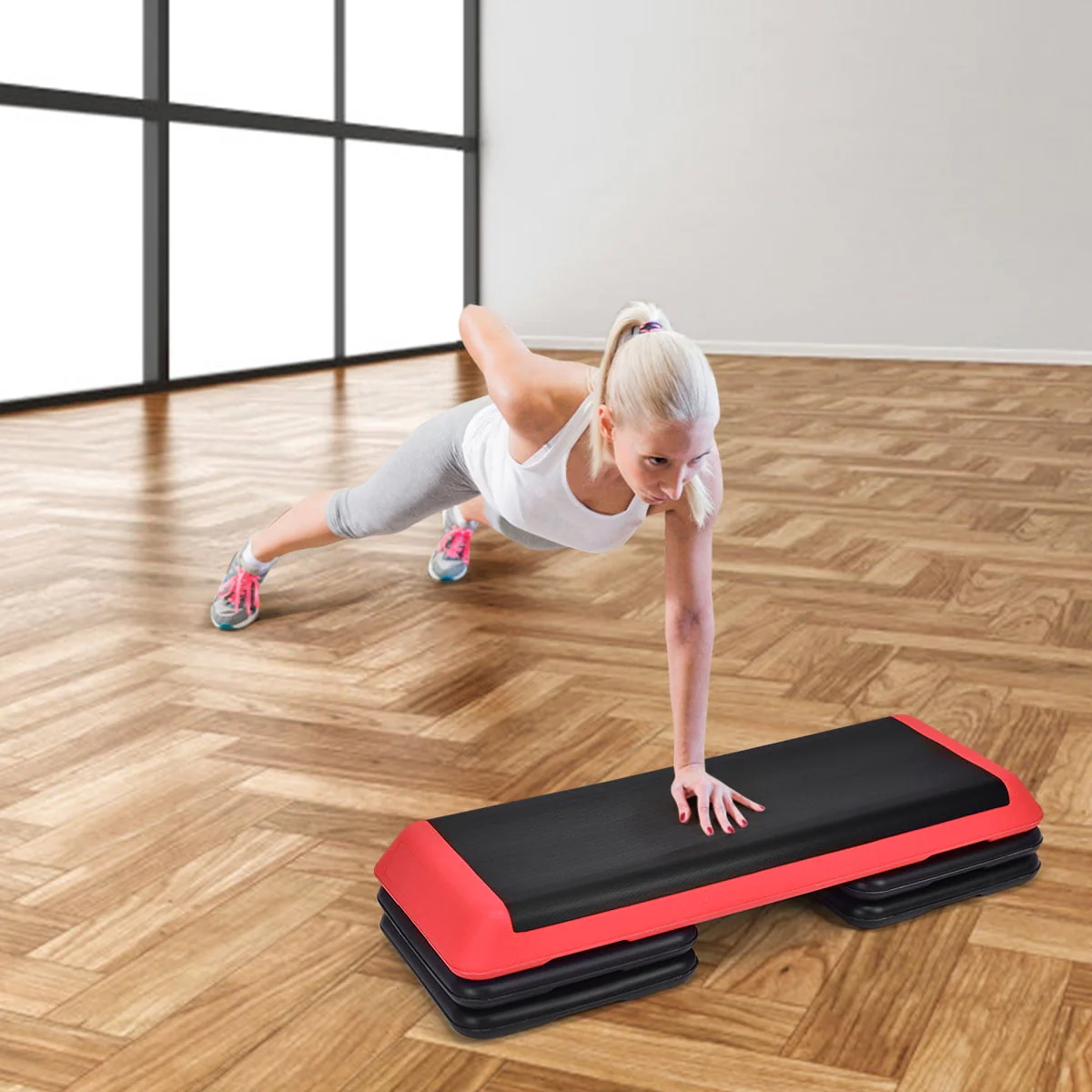 Costway Fitness Aerobic Step 43'' Cardio Adjust 4'' - 6'' - 8'' Exercise Stepper W/Risers Red