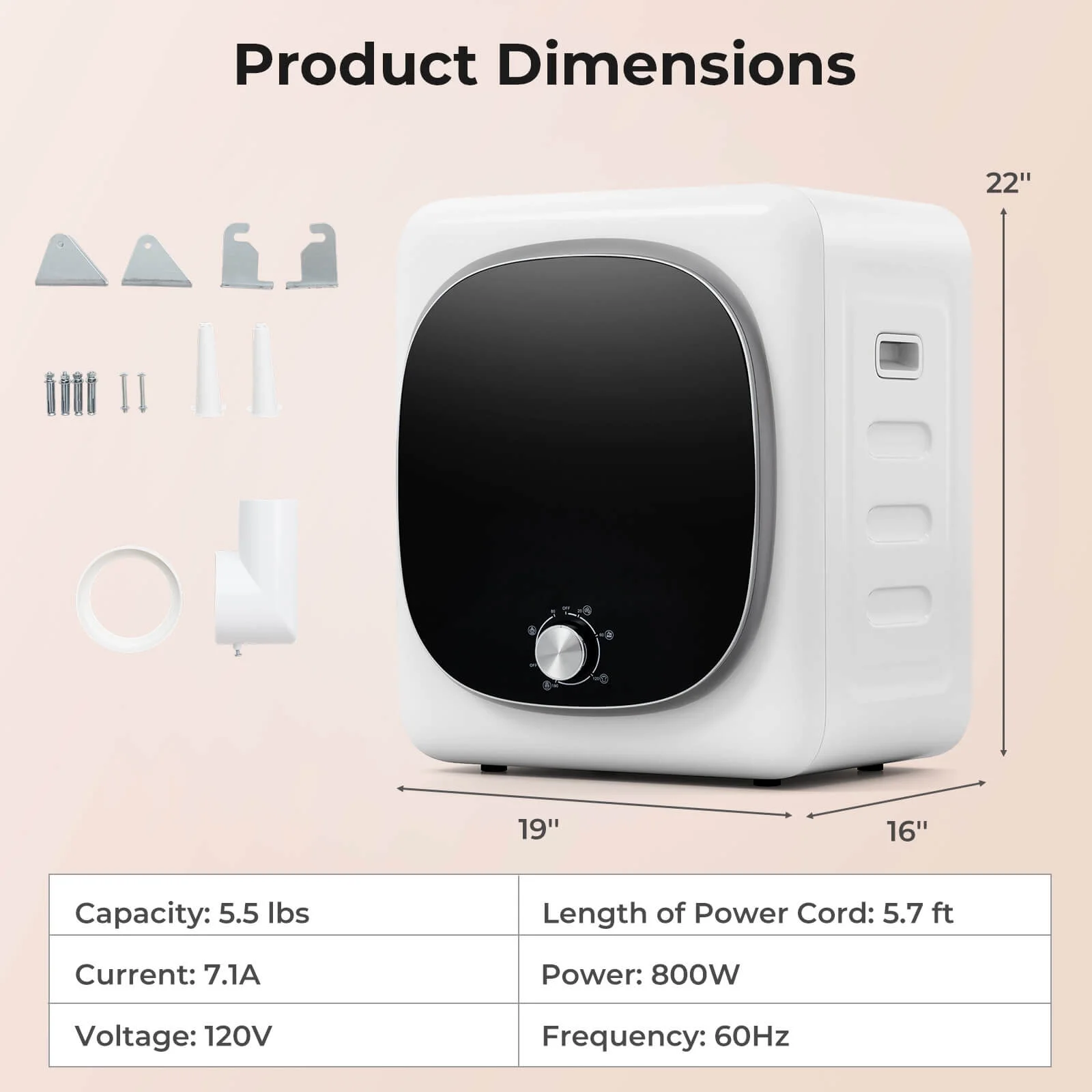 800W Electric 1.5 cu.ft Compact Drying Machine with Stainless Steel Tub 5 Modes - Image 3