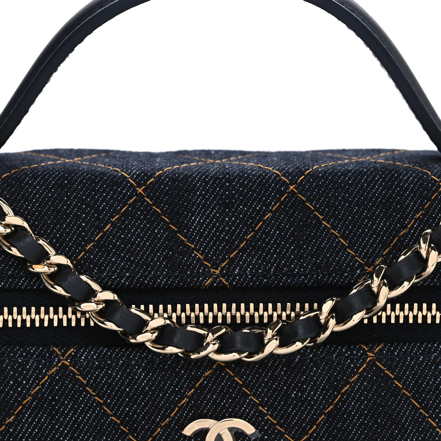 Denim Quilted Top Handle Slim Vanity Case With Chain Dark Blue Orange
