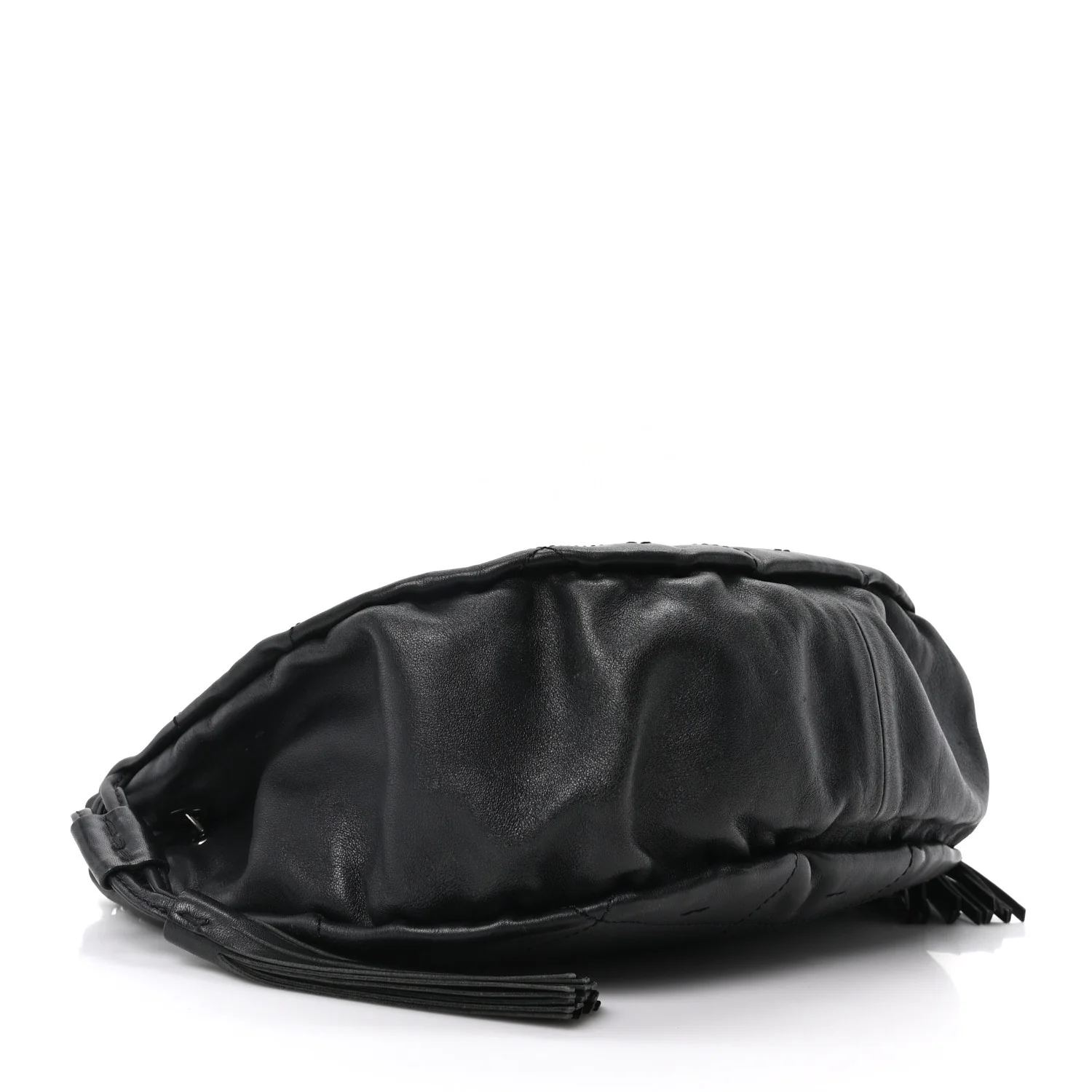 Lambskin Stitched Chocolate Bar Chain Fringe Hobo Black